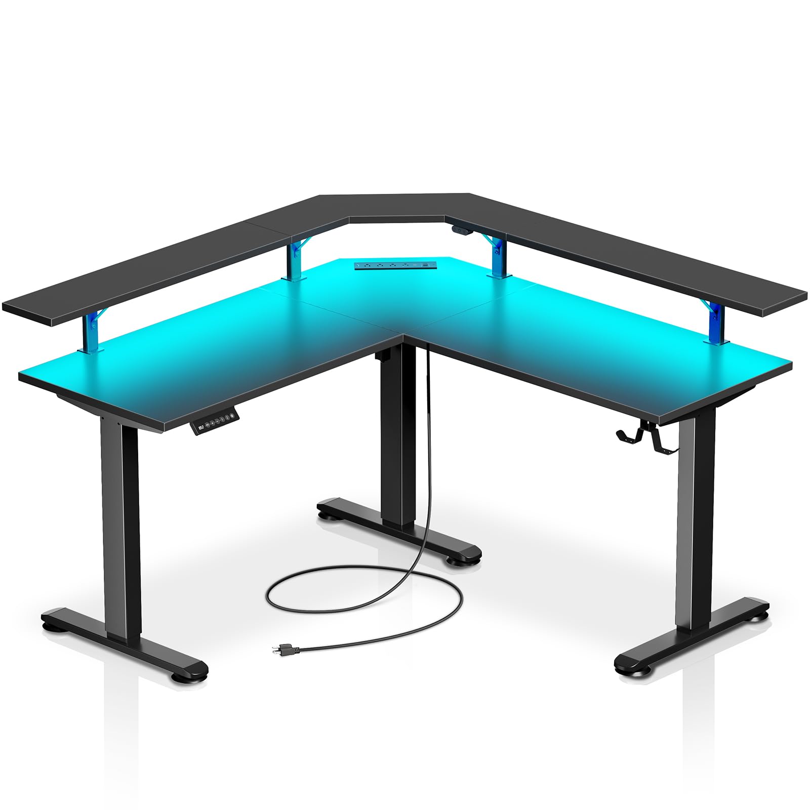 Rolanstar Electric Height Adjustable L-Shaped Standing Desk with LED Light & Power Outlet - Sit Stand Computer Office Desk with Monitor Stand (Black) - Perfect for Home Office, Gaming Setup & Workspace Ergonomics