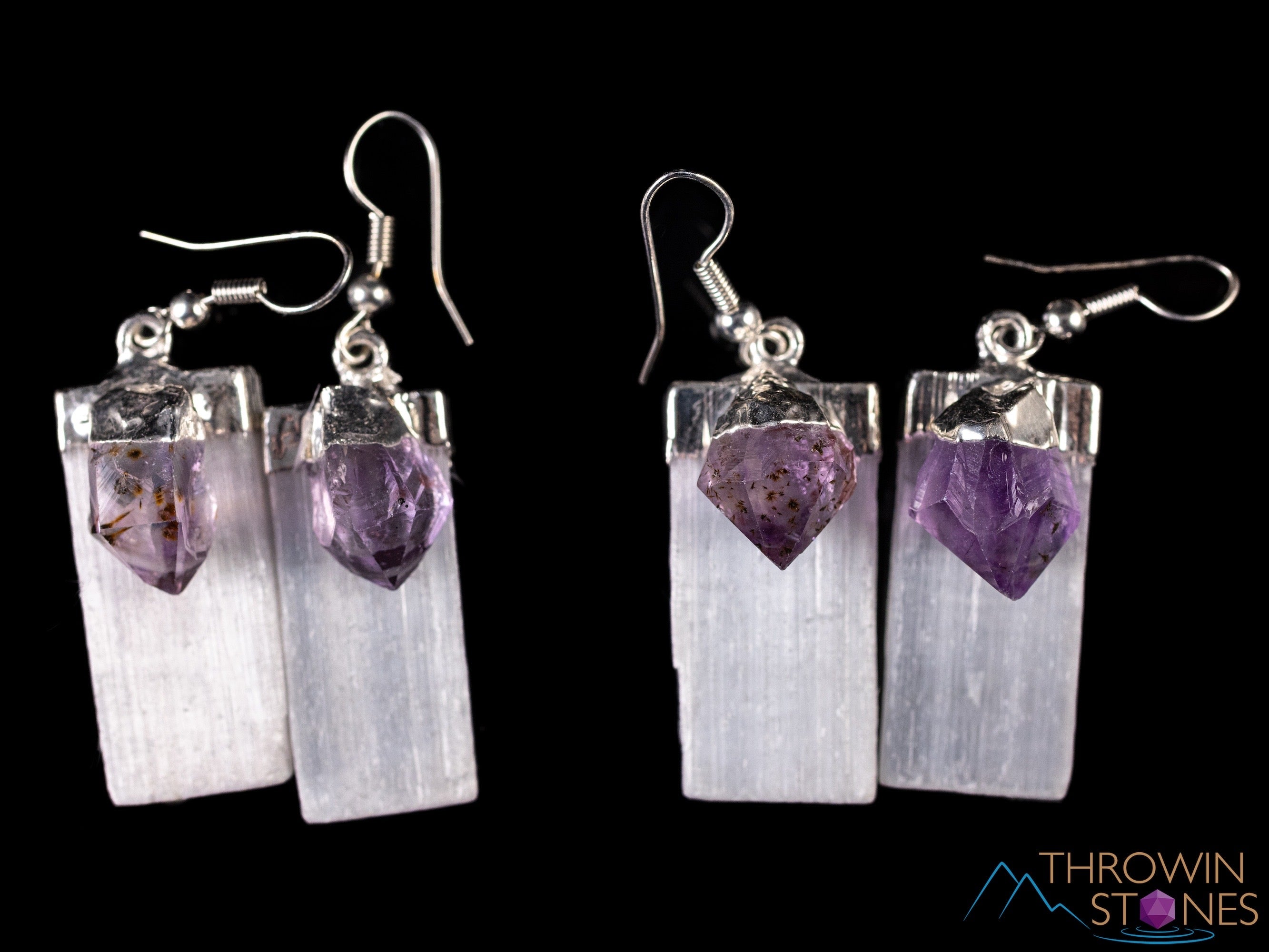Natural Raw Amethyst & Selenite Crystal Dangle Earrings in Sterling Silver - Handmade Gemstone Jewelry for Women, Healing Crystal Earrings for Meditation & Spiritual Gifts