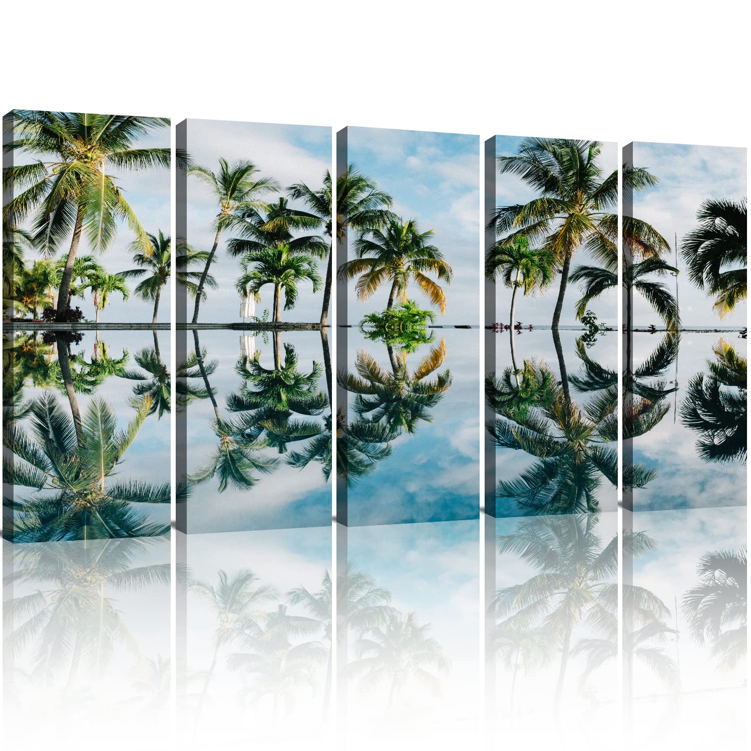 5-Piece Tropical Palm Tree Canvas Wall Art Set - 12x30 Inch Coastal Ocean Seascape Painting for Bathroom, Living Room & Office Decor - Nature Scenery Blue Landscape Modern Artwork | Perfect for Beach House, Vacation Rental & Coastal Theme Decor
