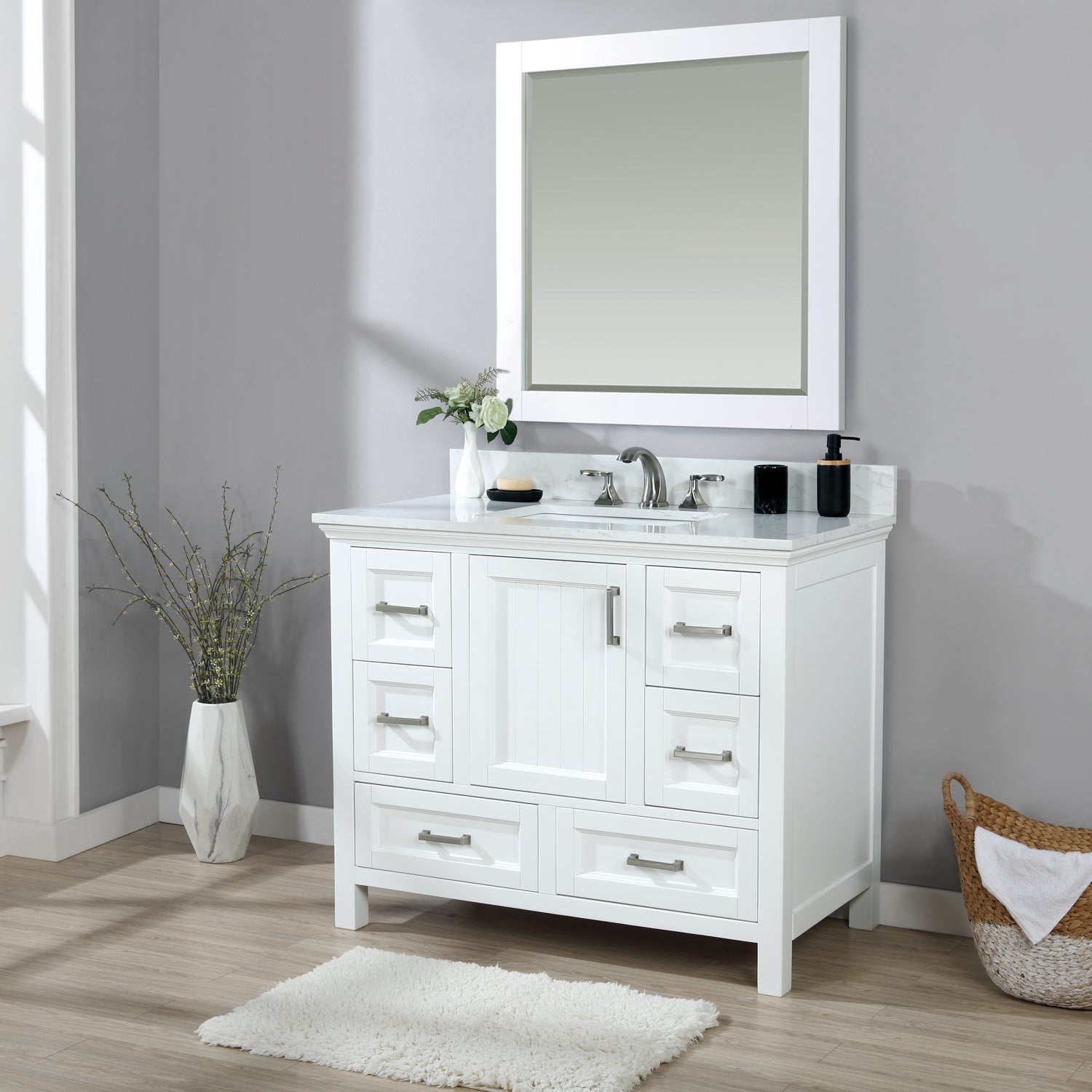 Isla 42 Inch Single Bathroom Vanity Set with Aosta White Engineered Stone Countertop - Modern Sink Cabinet for Small Bathrooms & Powder Rooms