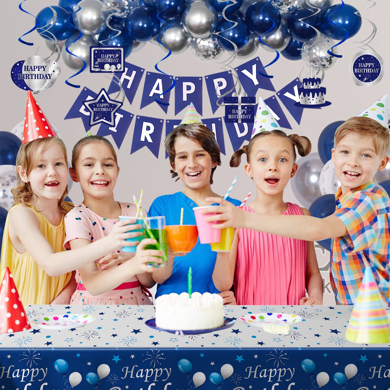Blue and Silver Birthday Party Decorations for Men & Women - Happy Birthday Banner, Balloons, Tablecloths & Hanging Swirls - Perfect for Boys & Girls Birthday Celebrations at Home or Events