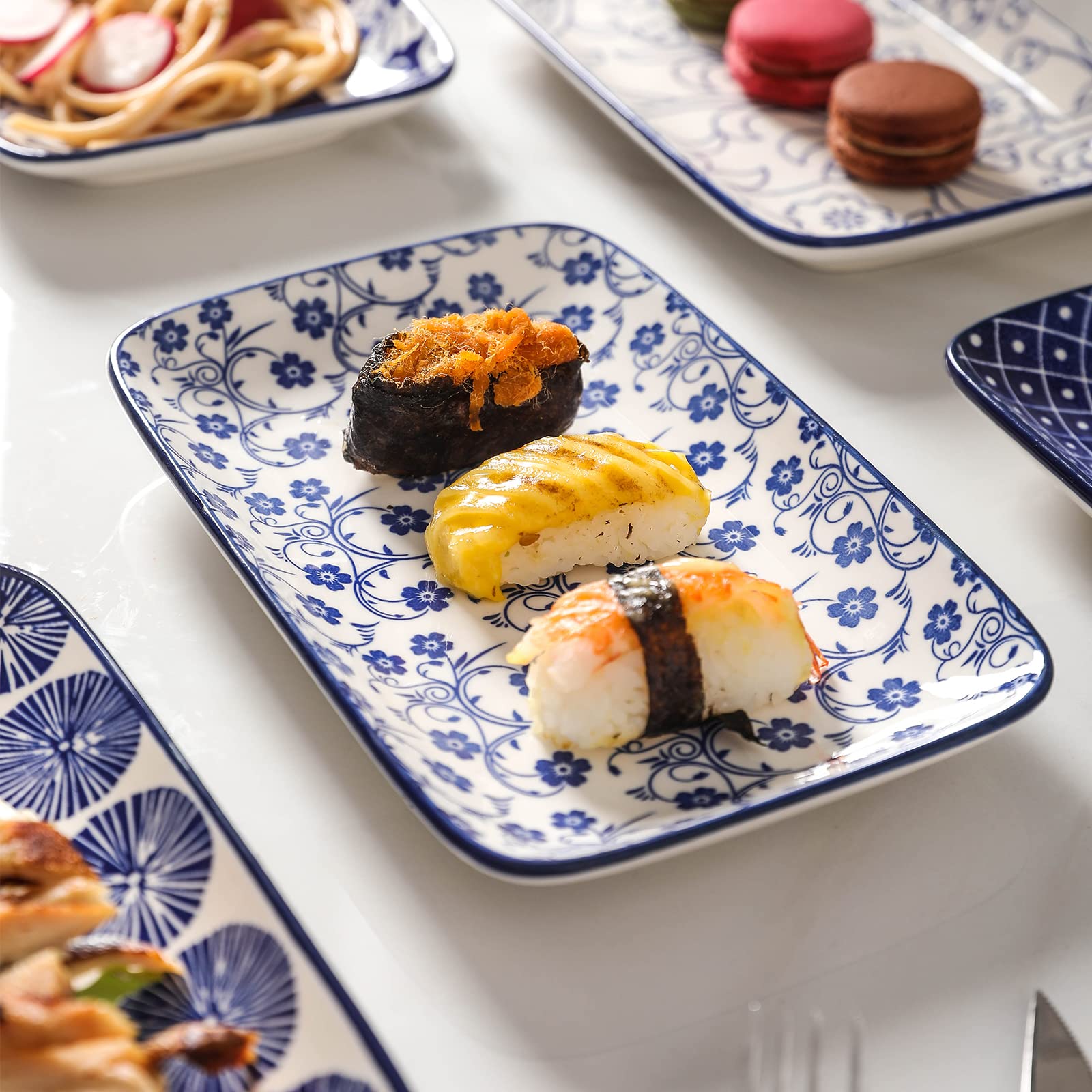 Selamica 8-Inch Rectangular Ceramic Plates - Set of 6 Vintage Blue Salad, Dinner, Pasta & Dessert Plates | Microwave, Oven & Dishwasher Safe | Perfect for Appetizers, Sushi, Fruits & Home Dining
