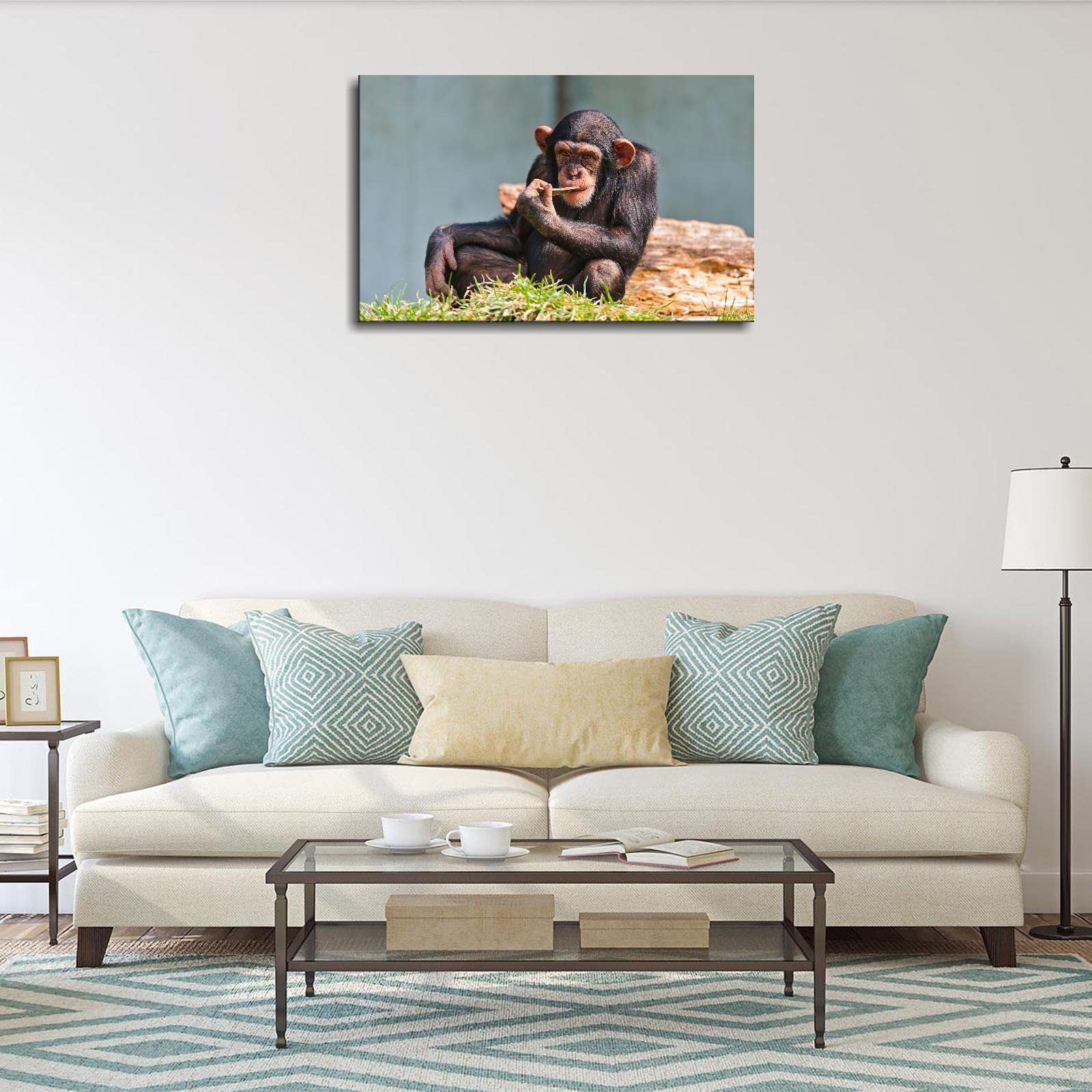 Chimpanzee Canvas Wall Art Prints - Modern Framed Animal Poster 42x24 Inches - Perfect for Office, Home & Kids Room Decor