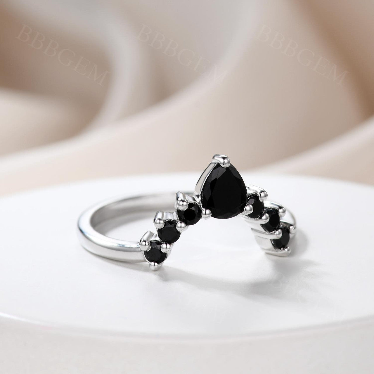 Women's Stackable Pear Black Onyx Spinel Curved Wedding Band Ring - Elegant Jewelry for Brides, Anniversaries & Special Occasions