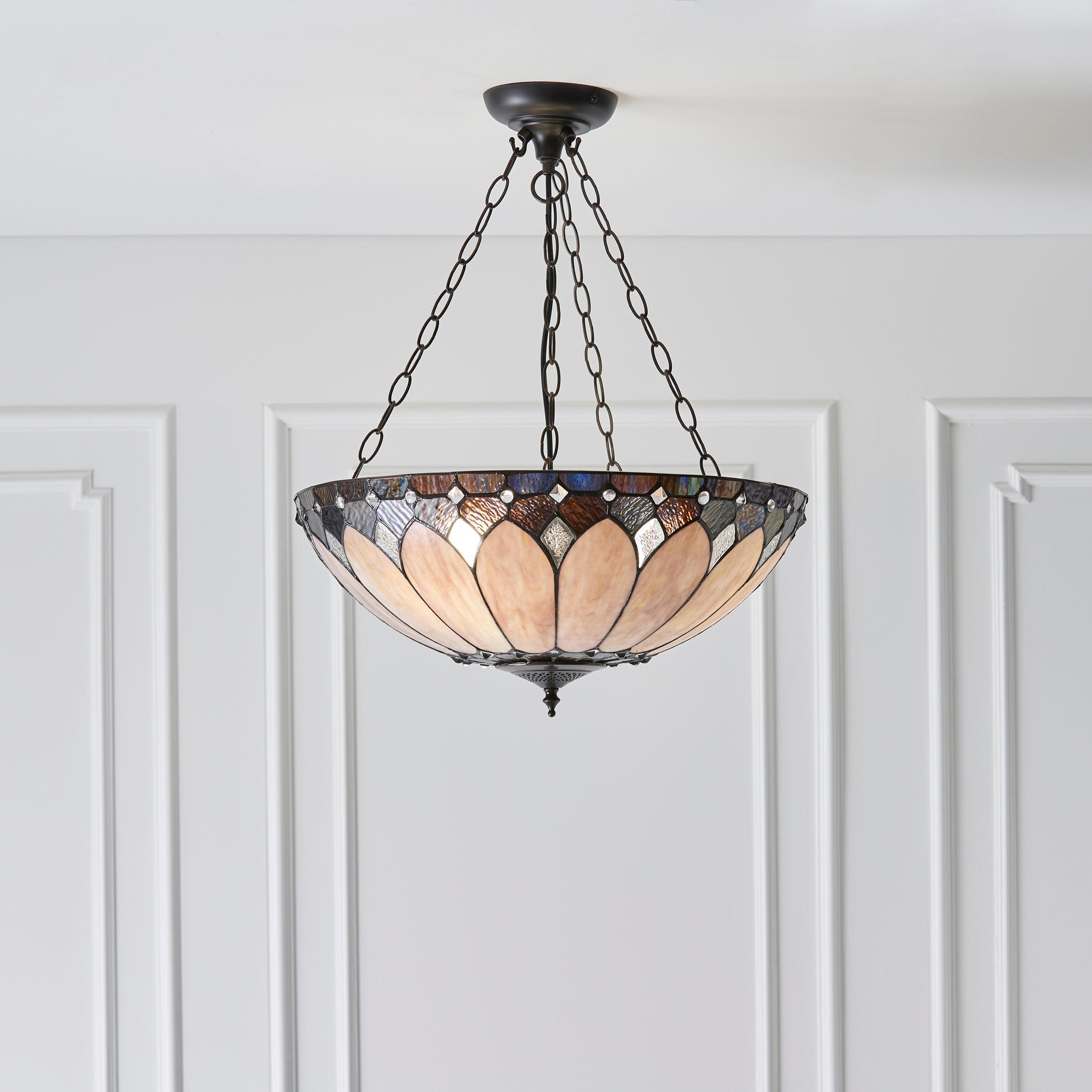 Brooklyn Medium Inverted Tiffany Ceiling Light - Vintage Stained Glass Pendant Lamp for Dining Room, Kitchen, or Bedroom Lighting