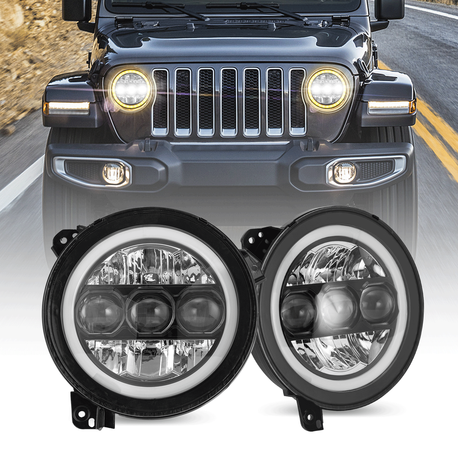 90W LED Headlight Kit with Triple Lens Design, HALO DRL & Turn Signal - Compatible with 2018-2025 Jeep Wrangler JL 4xe & Jeep Gladiator JT (2-Piece Set) - Upgrade for Off-Roading, Night Driving & Enhanced Visibility