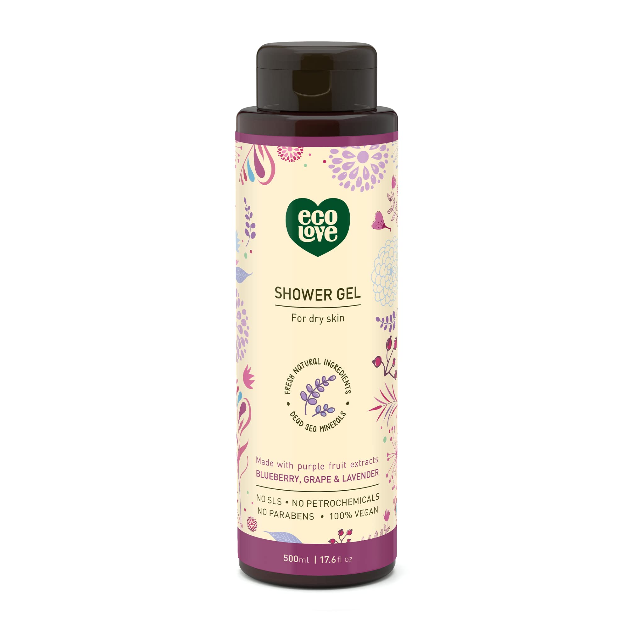 EcoLove Natural Moisturizing Body Wash for Dry Skin - Organic Blueberry, Grape & Lavender Scented Vegan Shower Gel - SLS & Paraben Free, Cruelty-Free, 17.6 oz - Hydrating Daily Shower Solution for Sensitive Skin & Winter Care