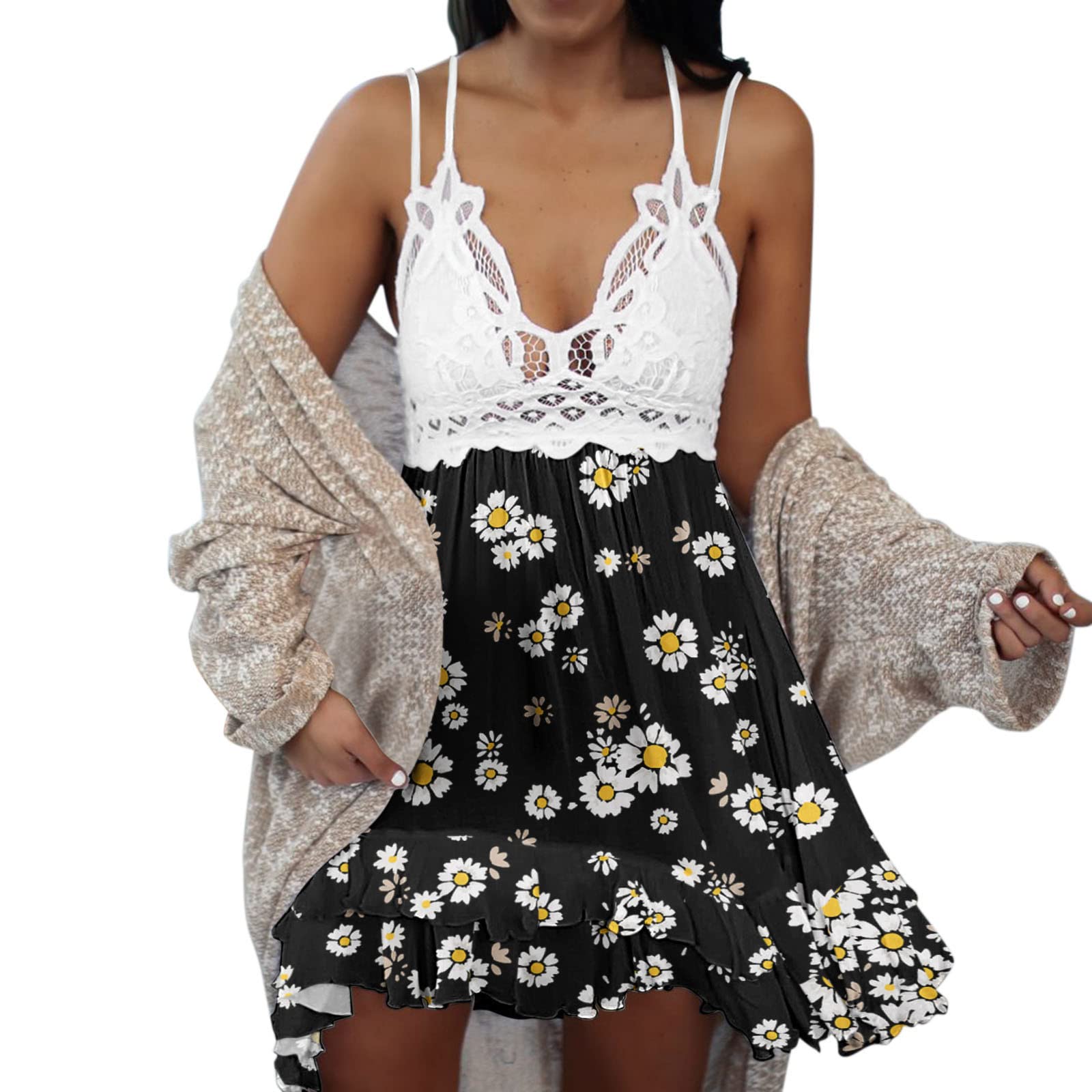 Women's Summer Floral Print Sleeveless V-Neck Lace Sundress - Casual Loose Beach Mini Dress for Vacation, Party & Outdoor Activities (Black, XXL)