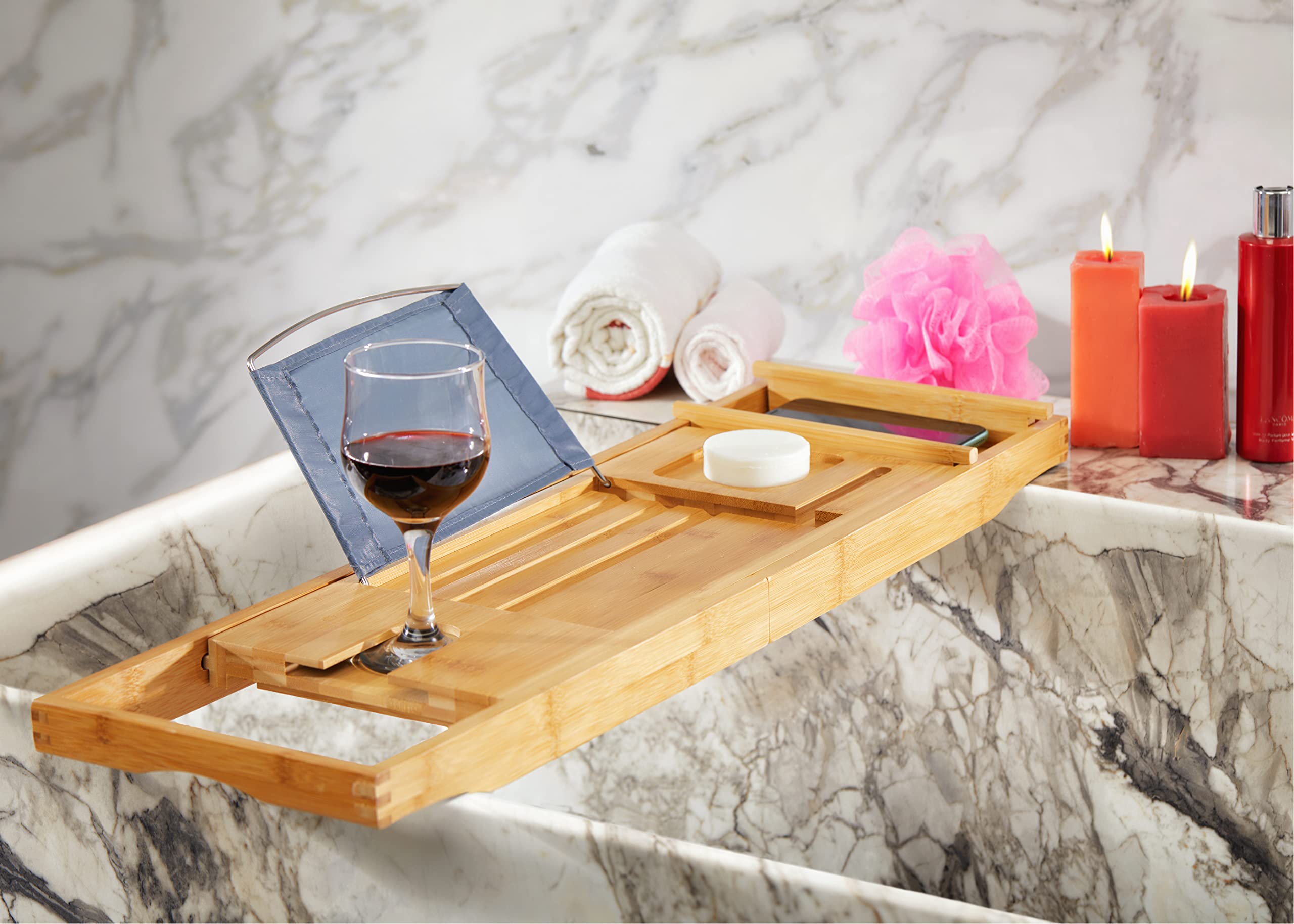 RoyalHouse Expandable Bamboo Bathtub Caddy Tray - Adjustable Bath Table Organizer with Wine Glass & Book Holder - Perfect for Relaxing Baths, Spa Days & Gift Giving (Phone Stand Included)