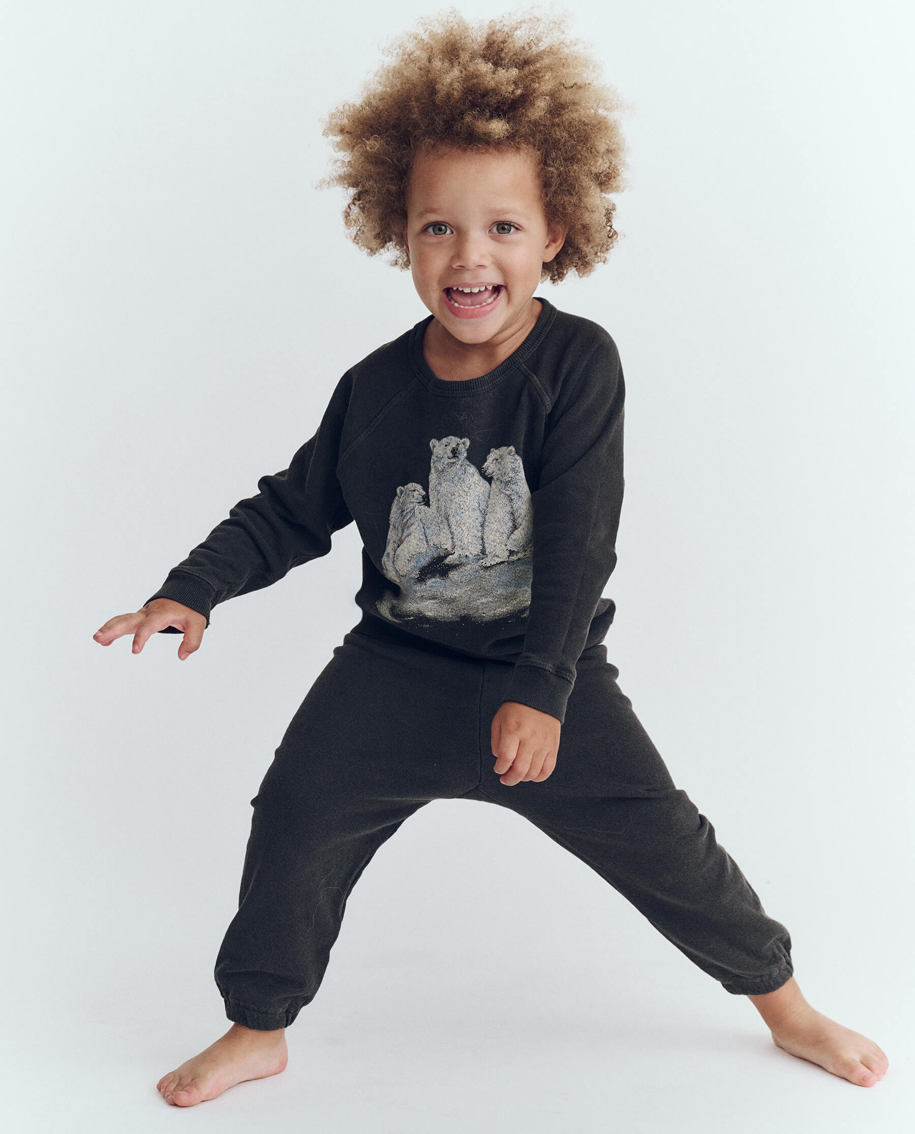 Little College Sweatshirt - Washed Black with Polar Bear Graphic - Cozy Pullover for Campus Life & Casual Wear