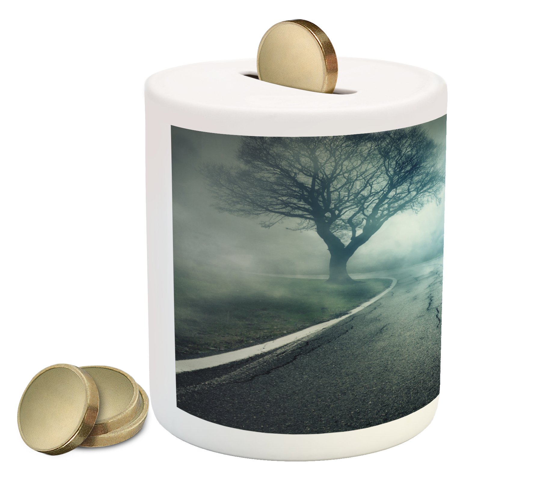 Lunarable Horror House Piggy Bank - Scary Highway Cracked Asphalt Surreal Winter Art Ceramic Coin Bank for Cash Saving (Blue Gray) | Unique Gift for Horror Fans & Home Decor