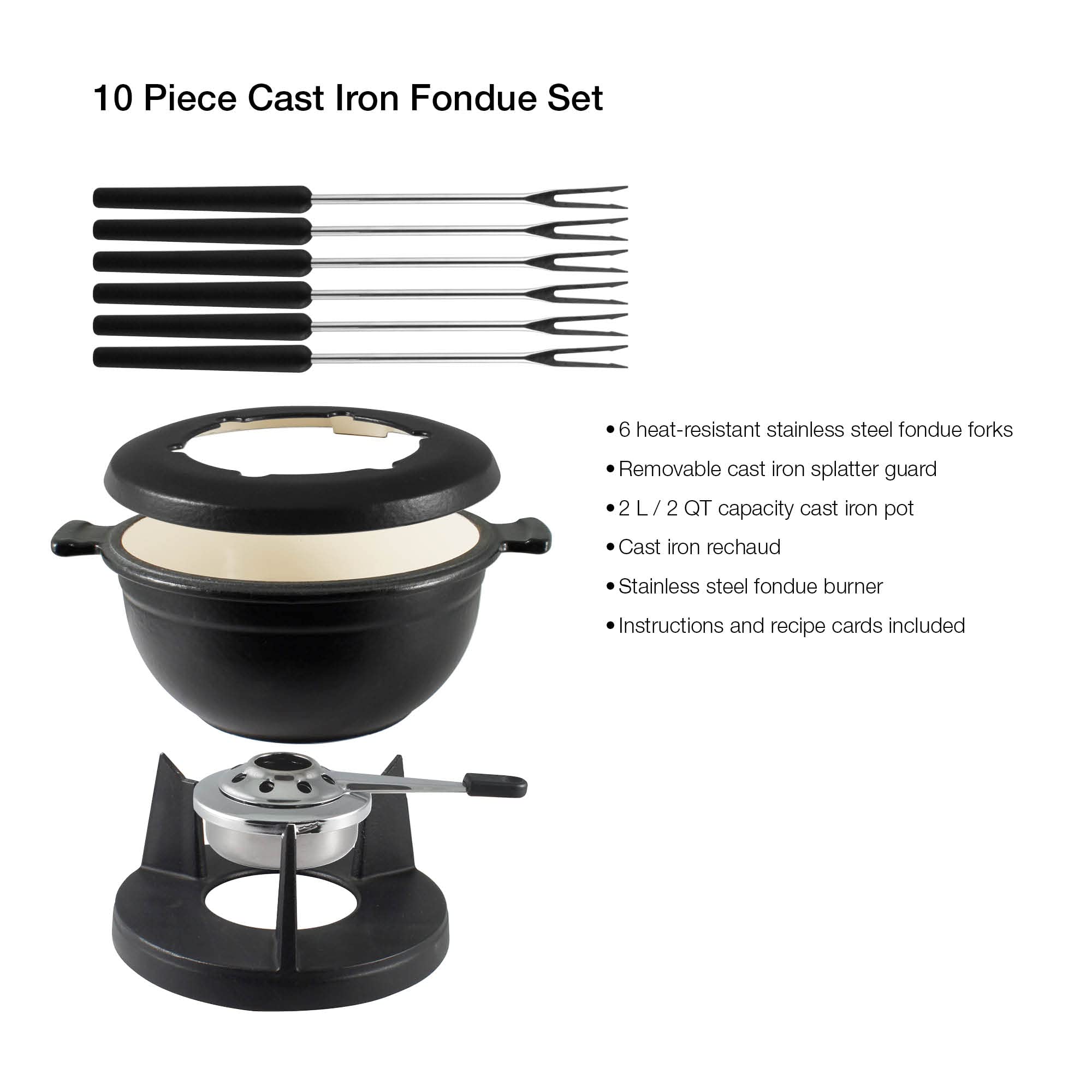Premium Swissmar F66542 Lucerne 10-Piece Cast Iron Fondue Set in Matte Black - Perfect for Romantic Dinners, Family Gatherings & Holiday Entertaining