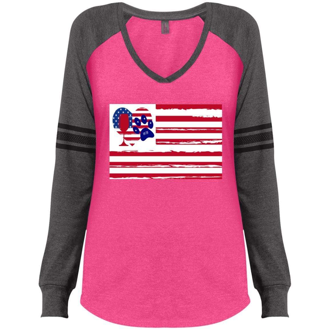 American Flag Wine Paw Heart V-Neck Long Sleeve T-Shirt for Women - Casual & Game Day Outfit - Perfect for Parties, Sports Events, and Patriotic Celebrations