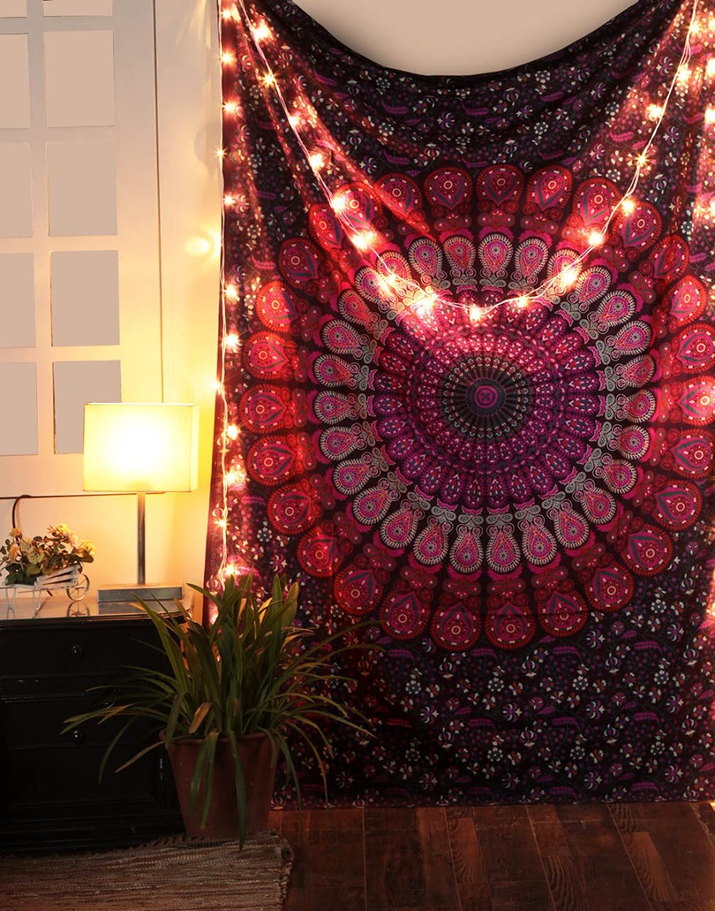 Bohemian Psychedelic Golden Mandala Tapestry - Indian Hippie Wall Hanging & Bedding Decor (50x80 Inches, Twin/Queen Size, MT Pink Mirchi) | Perfect for Bedroom, Living Room, Dorm & Festival Decor