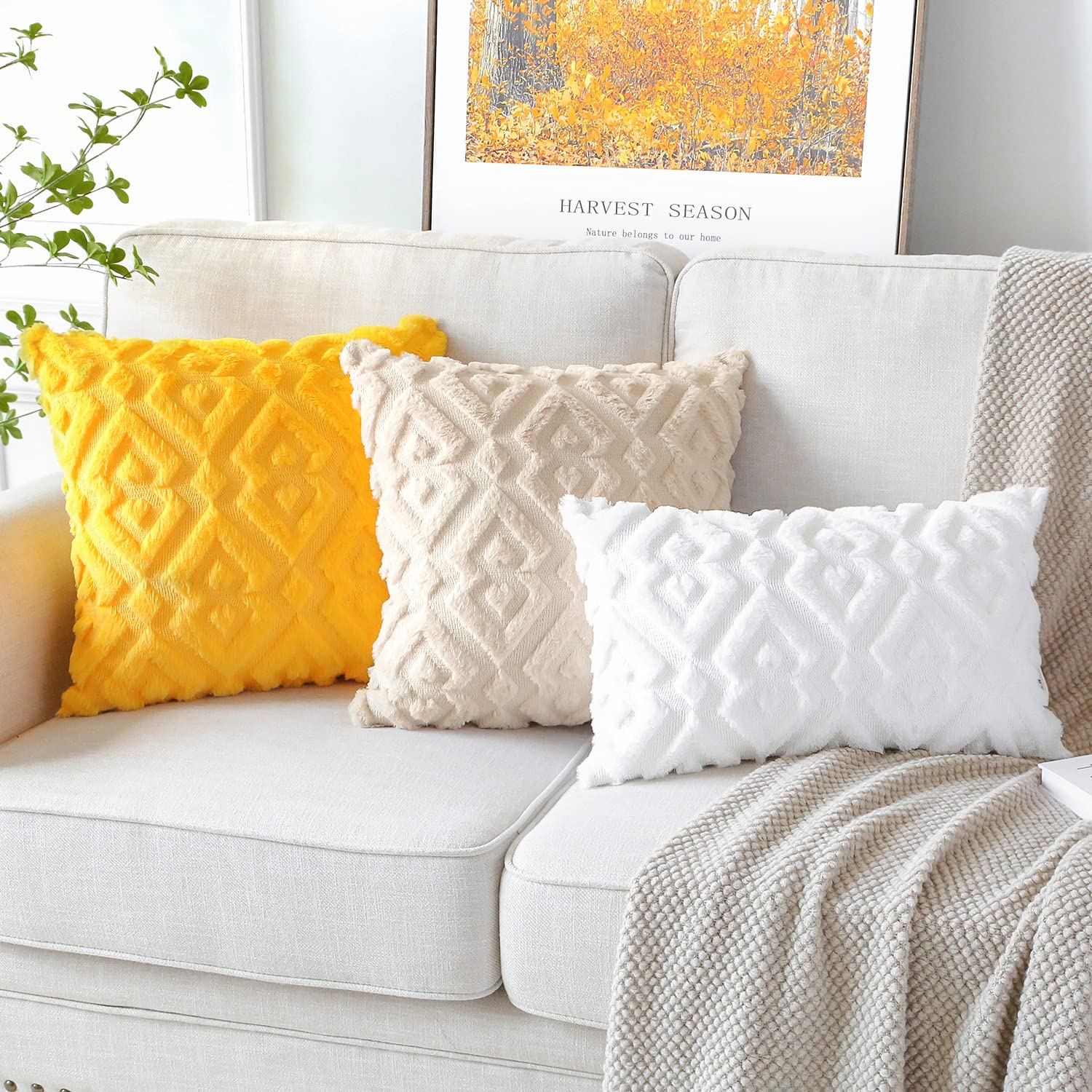 Artscope 2-Pack Soft Plush Short Wool Velvet Decorative Fall Throw Pillow Covers - Luxury European Style Cushion Covers for Sofa & Bedroom - Diamond Shape in Orange & Yellow (18x18 Inch) - Perfect for Autumn Home Decor & Cozy Living Room Accents