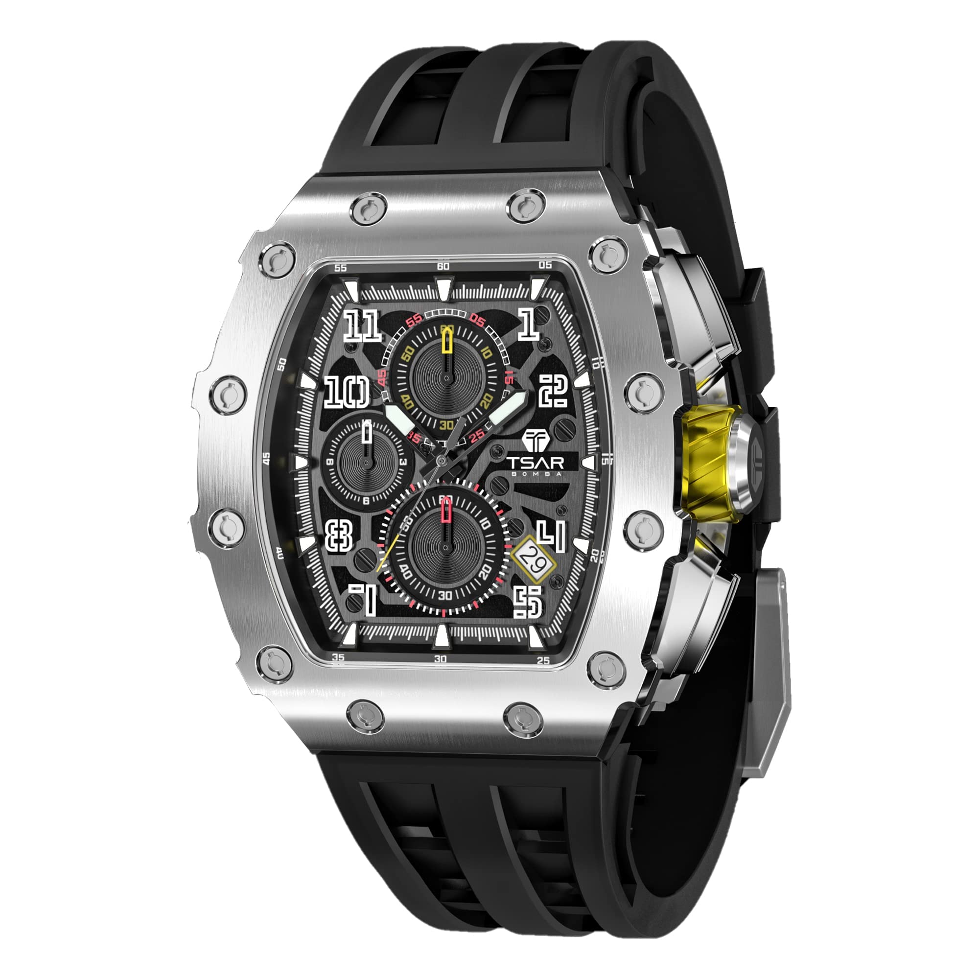 TSAR BOMBA Men's Luxury Tonneau Black Watch - 50M Waterproof, Japanese Quartz Movement Chronograph, Silicone Band - Perfect for Business, Casual & Outdoor Activities
