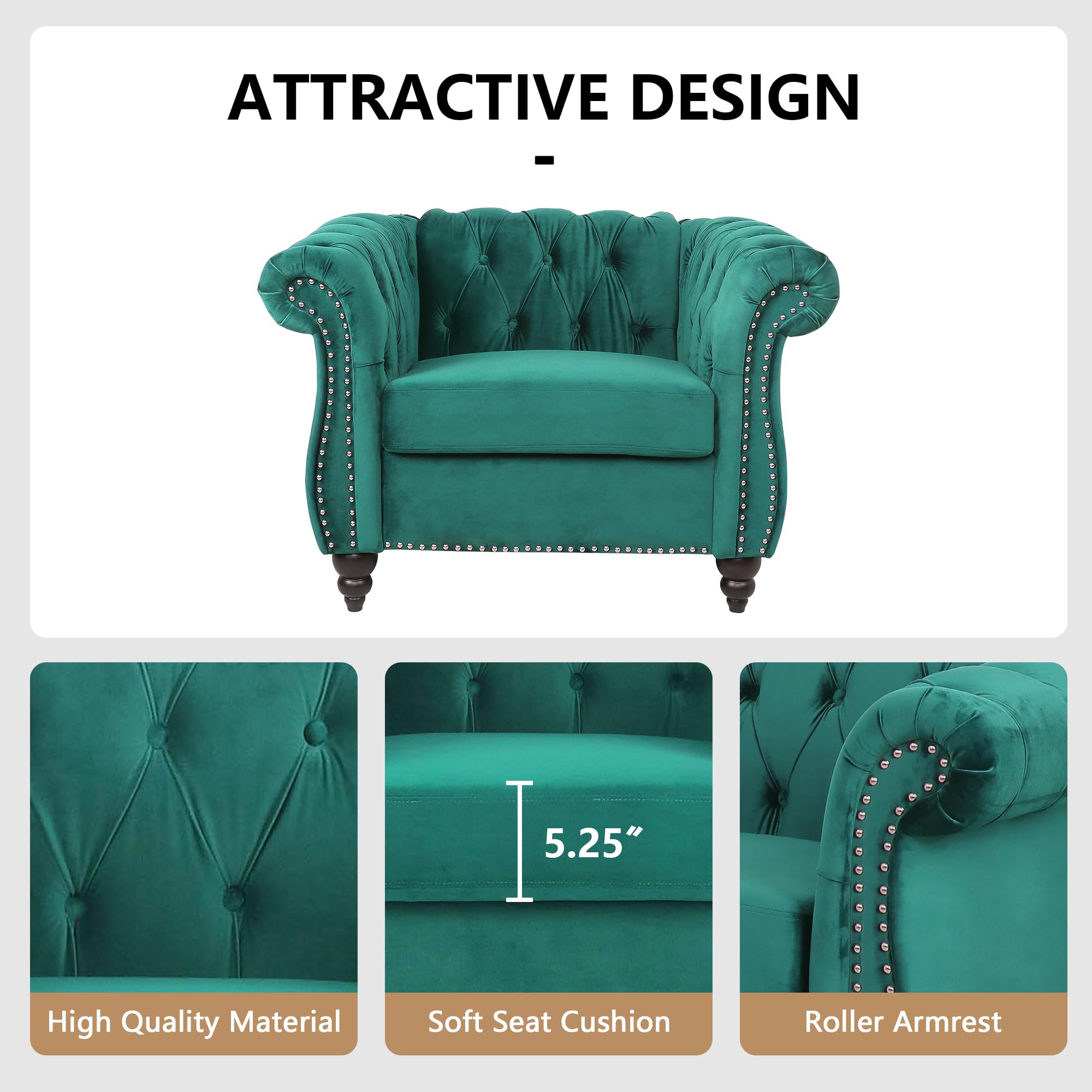 QHITTY Modern Velvet Chesterfield Accent Chair - Tufted Back Upholstered Living Room Furniture in Green | Perfect for Home Office, Lounge & Reading Nook