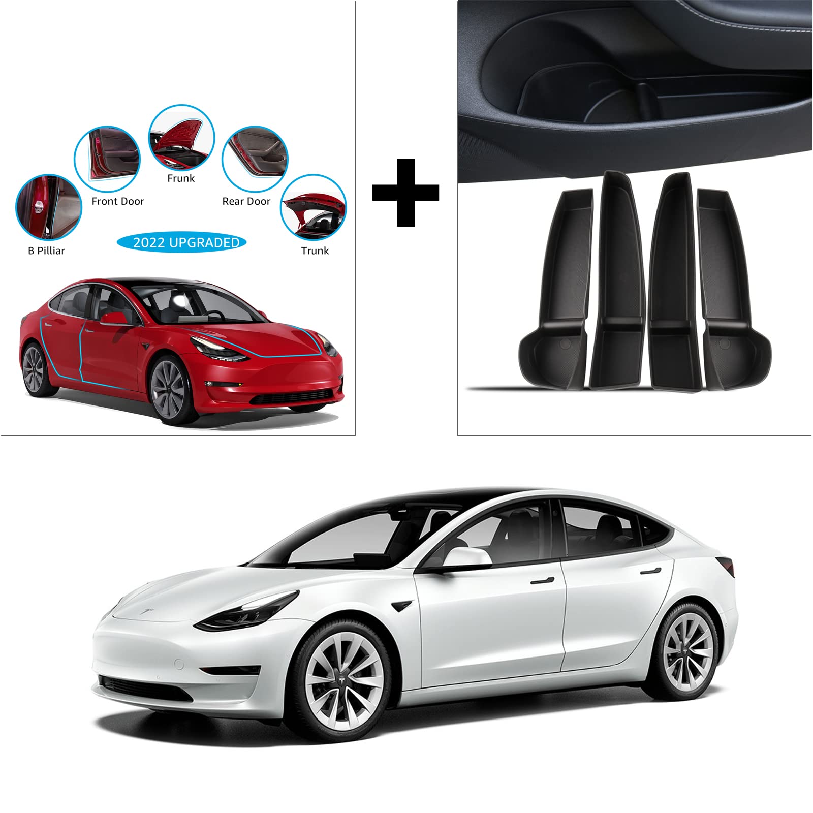 Motrobe Tesla Model 3 Door Seal Kit & Side Storage Tray - Waterproof Door Protector & Organizer for Car Accessories - Perfect for Road Trips & Daily Commute
