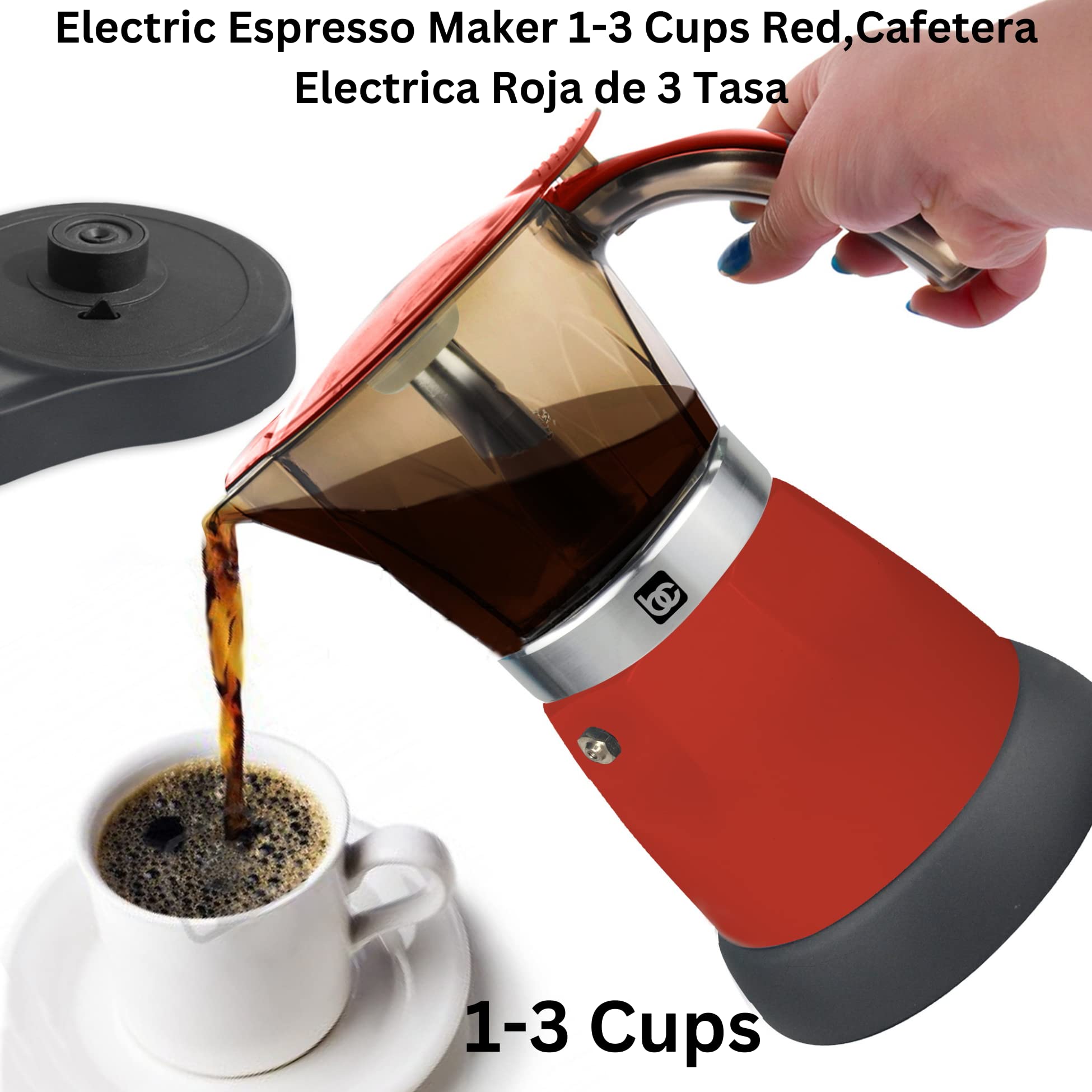 Bene Casa BC-95514 Red 3-Cup Electric Espresso Maker - Compact Coffee Machine for Home, Office & Small Kitchens - Perfect for Espresso Lovers & Small Spaces