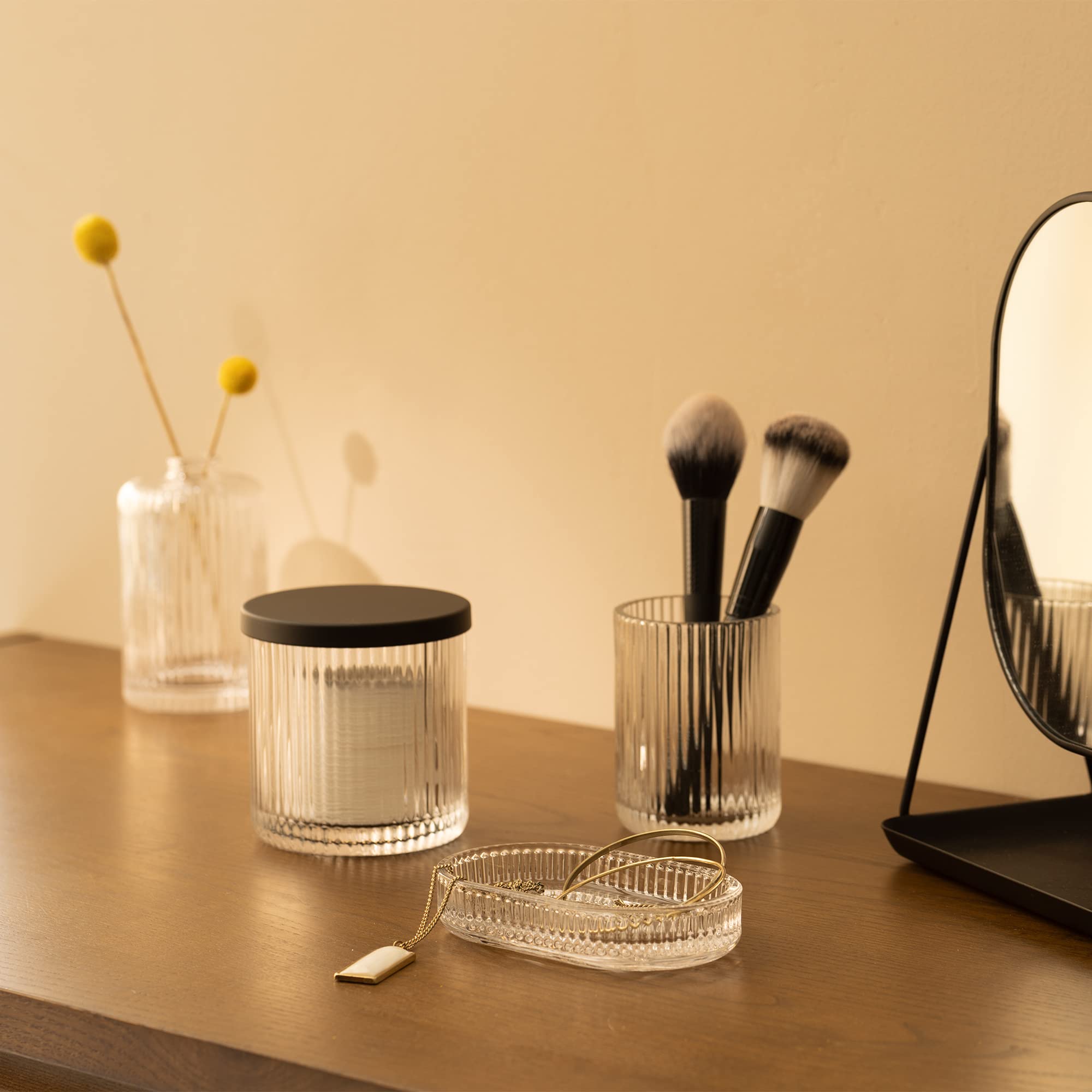 Navaris 4-Piece Glass Bathroom Set - Soap Dispenser, Toothbrush Holder, Soap Dish & Cotton Pad Organizer - for Modern Bathrooms