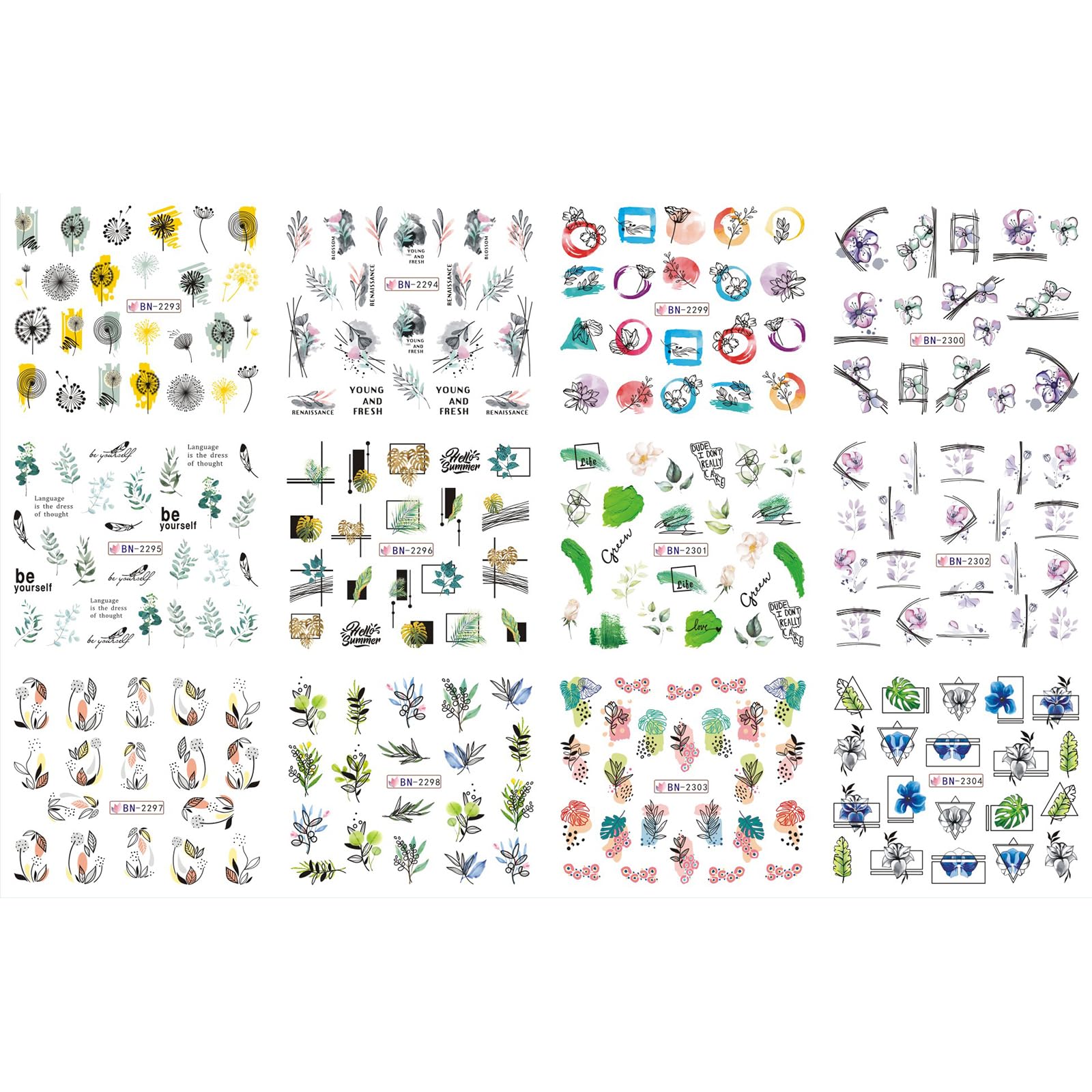 12 Sheets Flower Water Transfer Nail Decals - Assorted Blossom, Geometric & Leaf Designs for DIY Manicure | Watermark Nail Art Stickers for Women | Perfect for Parties, Weddings & Home Nail Care (28 Designs)
