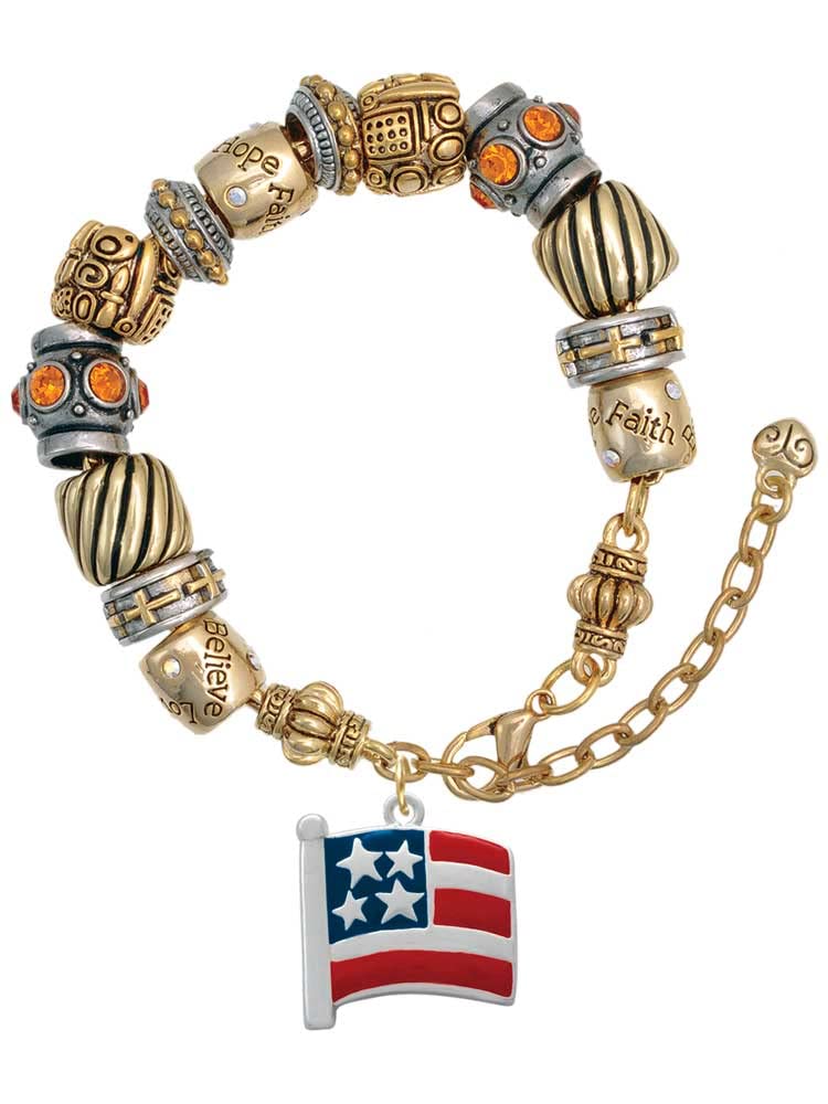 Delight Jewelry Silver-Tone Patriotic Flag Christian Bead Bracelet - Two-Tone Adjustable 7
