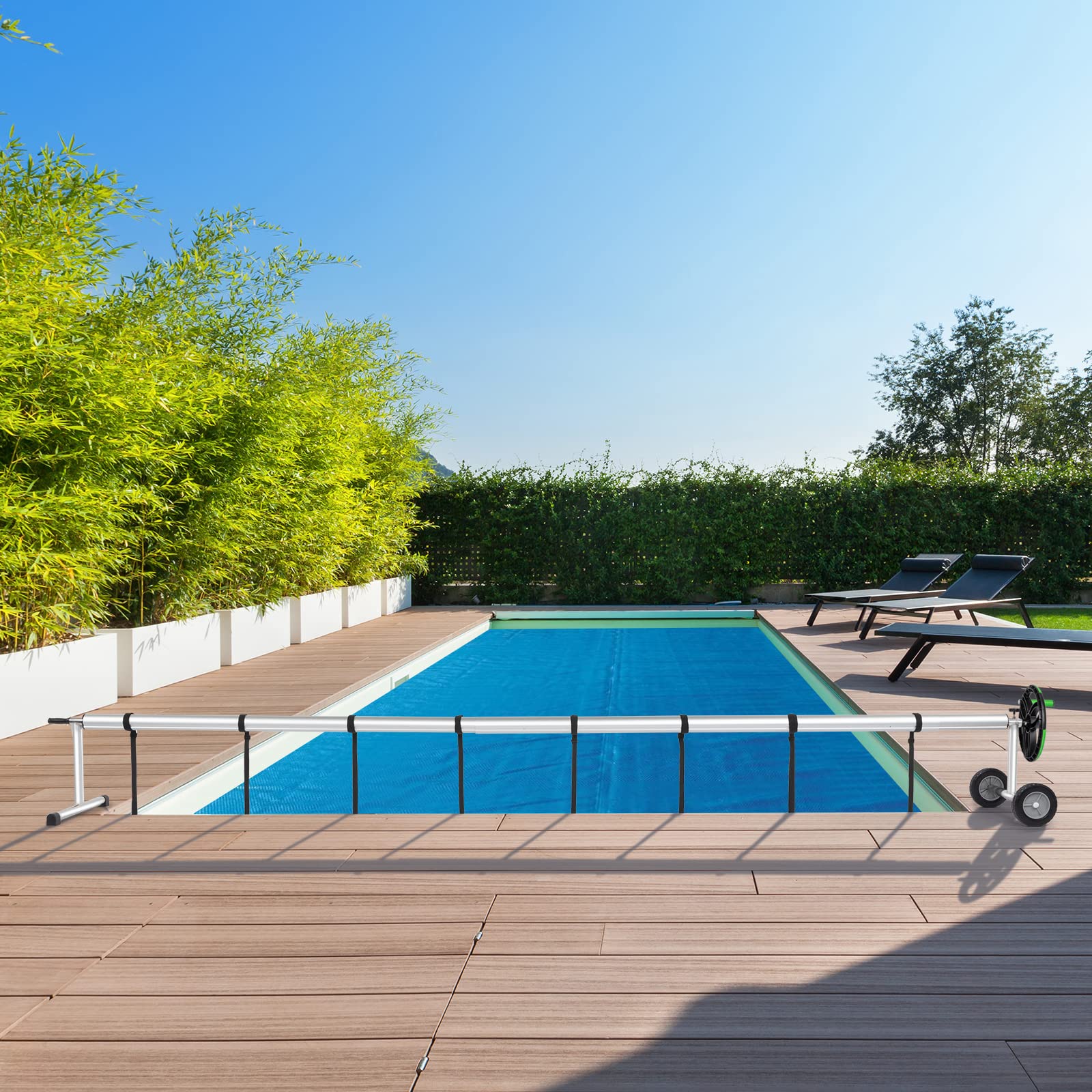Outvita 18 FT Solar Pool Cover Reel for Inground & Above Ground Swimming Pools - Heavy Duty Aluminum Roller with Black & Green Blanket - Easy Pool Maintenance & Winter Protection