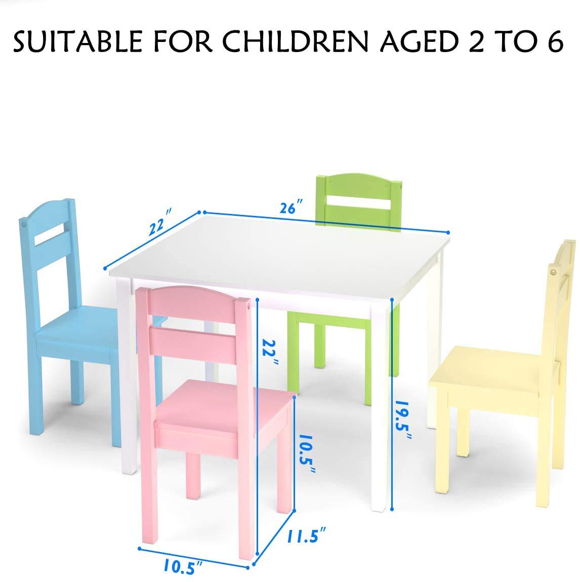 LDAILY Moccha 5-Piece Kids Wooden Table and Chair Set - Colorful Children's Dining Table with 4 Sturdy Backrest Chairs - Perfect for Playroom, Learning Activities, Indoor Picnic & Toddler Mealtime