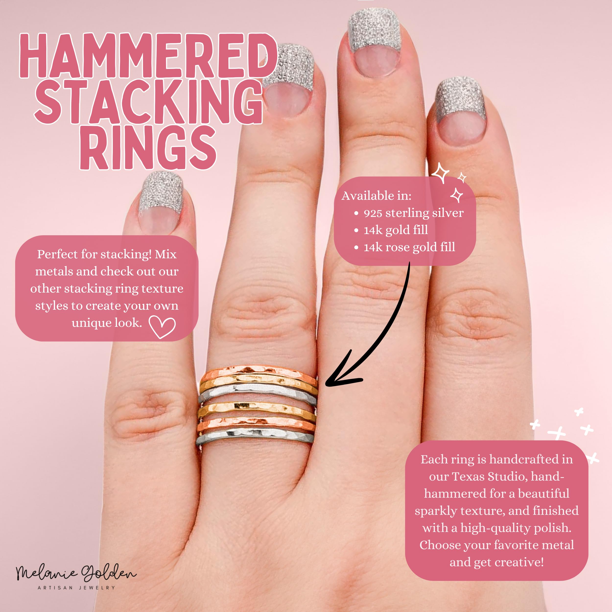 Hammered Stacking Ring Set - 1mm Thin Textured Band in 14K Rose Gold, Silver or Gold | Comfort Fit US Sizes 4-12 | Perfect for Layering, Wedding Bands & Everyday Jewelry