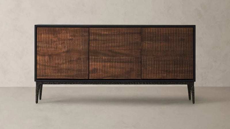 Handmade Solid Wood Sideboard Cabinet with Black and Brown Metal Frame - 3 Doors Storage for Dining Room, Living Room, or Entryway Organization