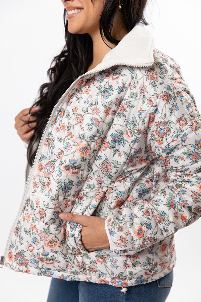Vail Valley Pink Ivory Multi Floral Quilted Zip Up Jacket for Women - Lightweight Spring Outerwear for Hiking, Travel & Casual Wear - FINAL SALE