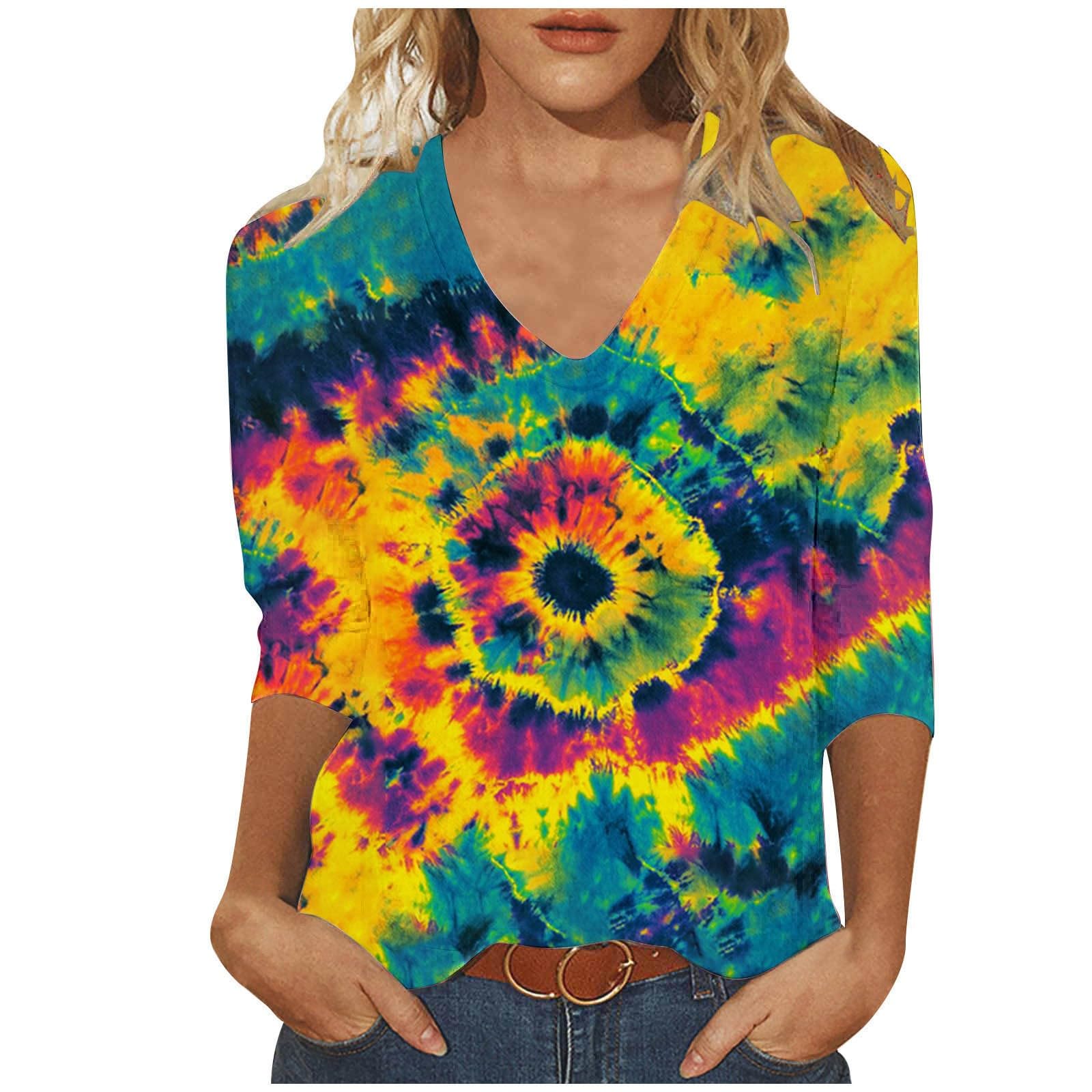 Women's Plus Size 3/4 Sleeve Tie Dye Floral Print T-Shirt - Fashionable Casual Top for Spring 2024 | Perfect for Teachers, Office Wear & Everyday Outfits | Same Day Delivery & Prime Day Deals