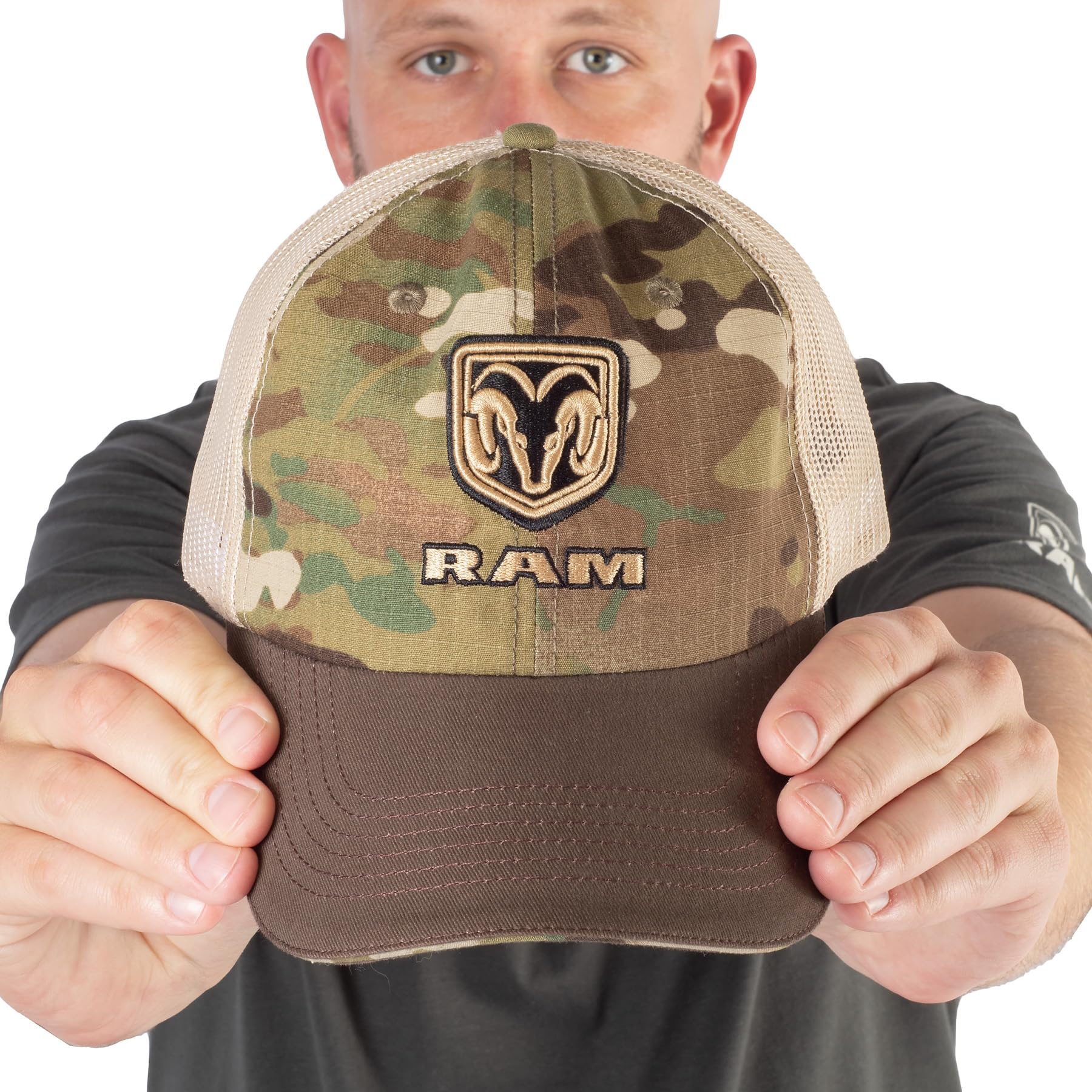 RAM Trucks Logo Shield Camo Trucker Hat - Structured 6-Panel Cap, One Size - Perfect for Outdoor Adventures, Camping, and Casual Wear