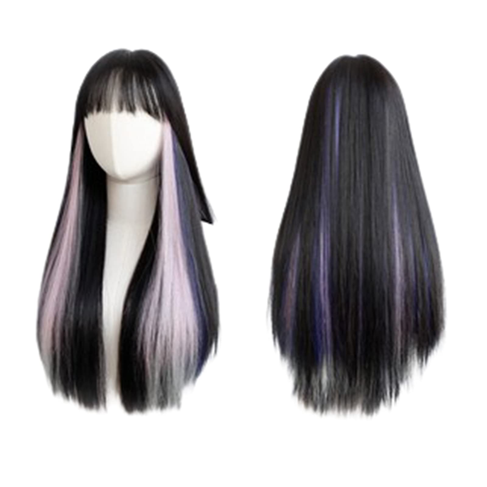 Black & Pink Blue Gradient Long Straight Wig for Women - Natural Looking Synthetic Hairpiece for Daily Use & Cosplay - Perfect for Halloween, Parties, and Costume Events