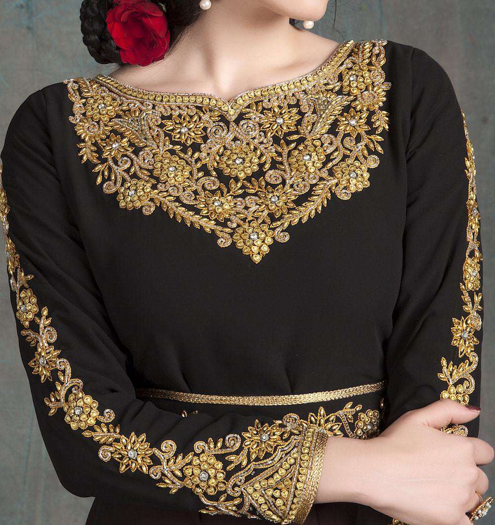 Elegant Black and Red Hand-Beaded Party Gown - Designer Islamic Abaya Dress MYPF1213 for Weddings, Eid Celebrations & Special Occasions