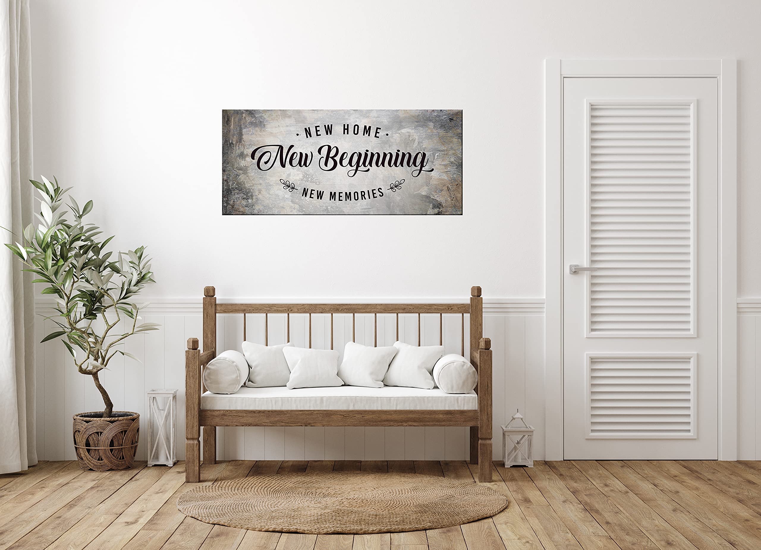 Wooden Framed Canvas Wall Art - Inspirational 'New Home New Beginning' Quote - Ready to Hang Home Decor for Living Room, Bedroom & Office