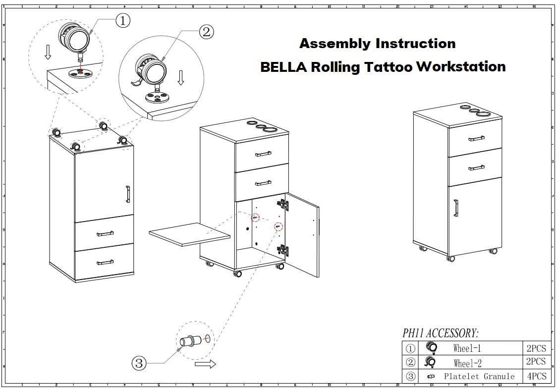 BELLA Professional Rolling Tattoo Workstation Cart - Portable Artist Tattoo Supply Organizer with Wheels for Tattoo Parlor & Studio Use