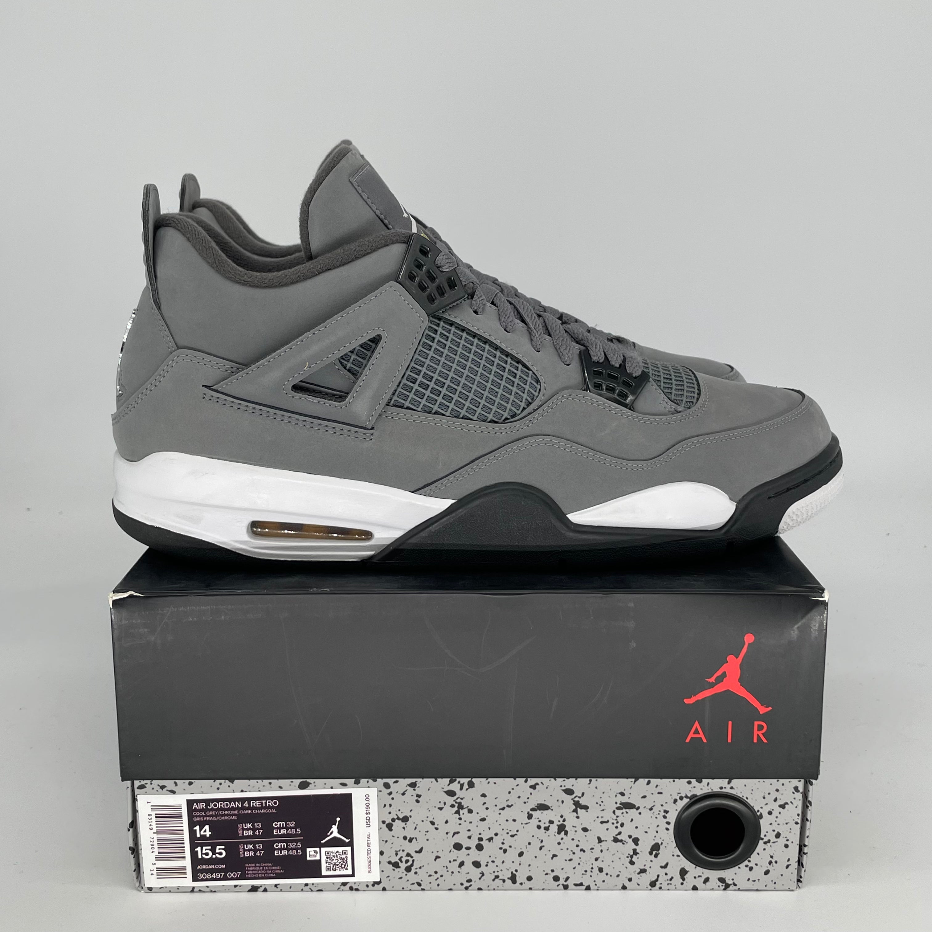 AIR JORDAN 4 COOL GREY Men's Basketball Shoes Size 14 - Retro Style Sneakers for Casual Wear & Street Fashion (308497-007)