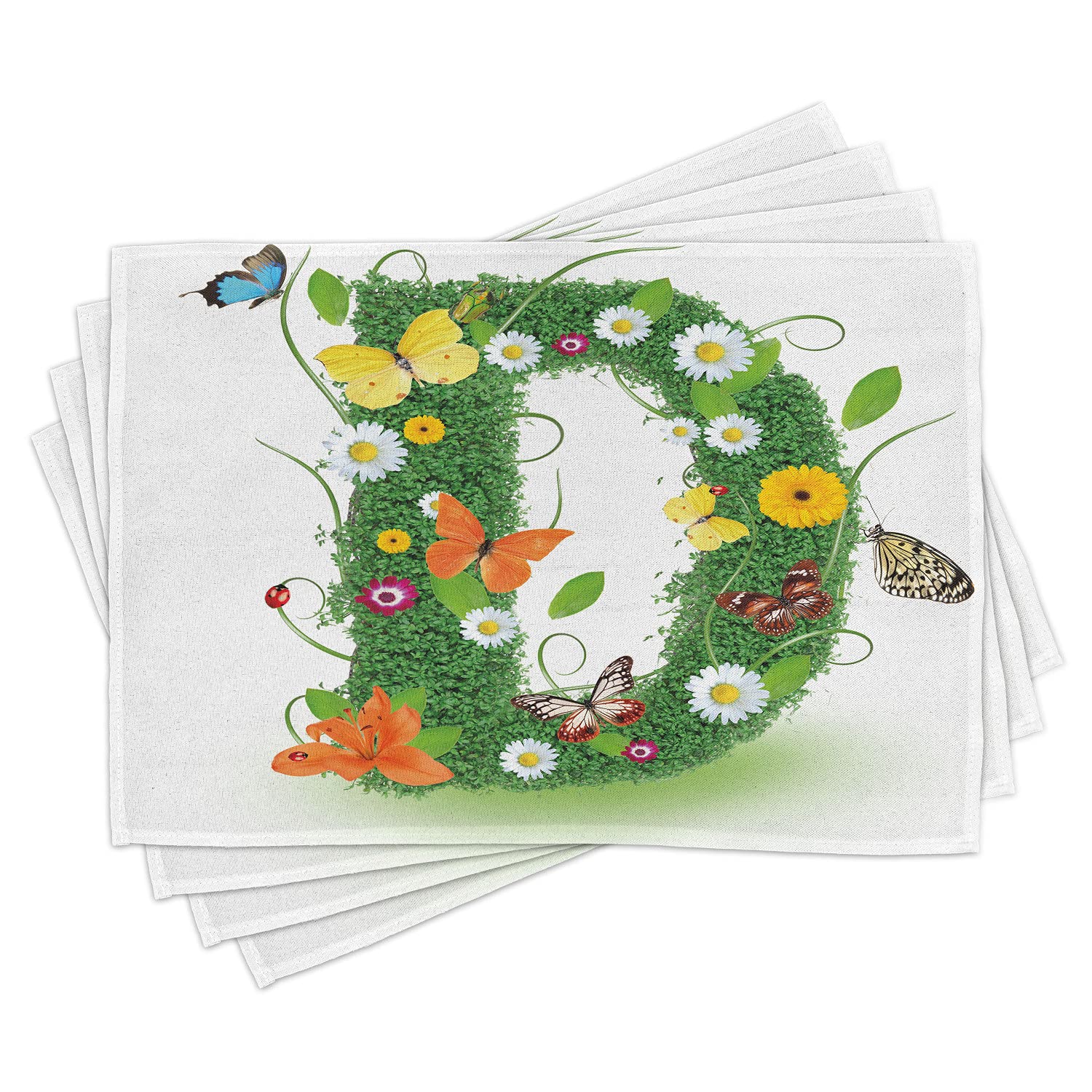 Ambesonne Letter D Place Mats Set of 4 - Exotic Floral Design with Butterflies & Foliage - Washable Fabric Dining Table Mats - Standard Size Multicolor Green - Perfect for Spring Decor, Dinner Parties & Home Decor