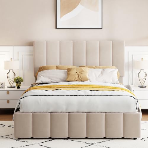 Harper & Bright Designs Full Size Platform Bed with Storage Underneath - Upholstered Bed Frame with Headboard & Hydraulic Storage System, Beige - Perfect for Small Bedrooms, Guest Rooms & Space-Saving Solutions