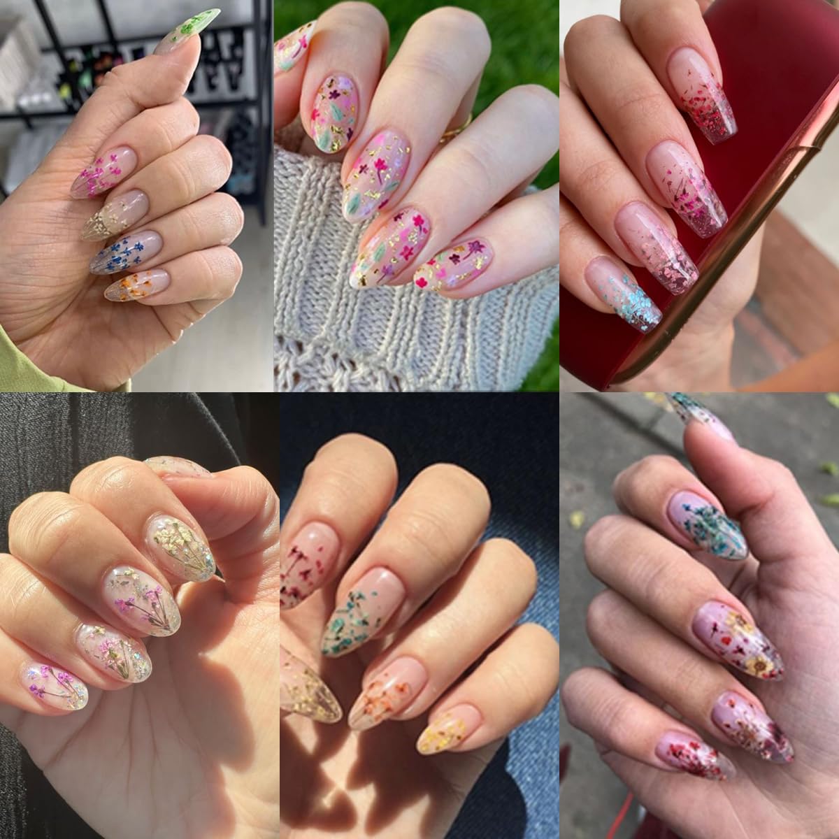 4Box 3D Dried Flowers Nail Art Stickers - Natural Dry Flower Nail Decals with Tiny Petals for DIY Manicure | Floral Nail Stickers for Women | Perfect for Wedding, Party, Salon & Home Nail Art Decorations