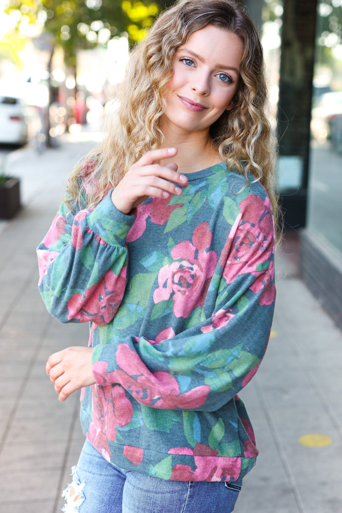 Everyday Hunter Green Floral Brushed Hacci Sweater Top for Women - Cozy Casual Knit Pullover for Fall & Winter Outfits | Perfect for Office, Dates & Weekend Wear