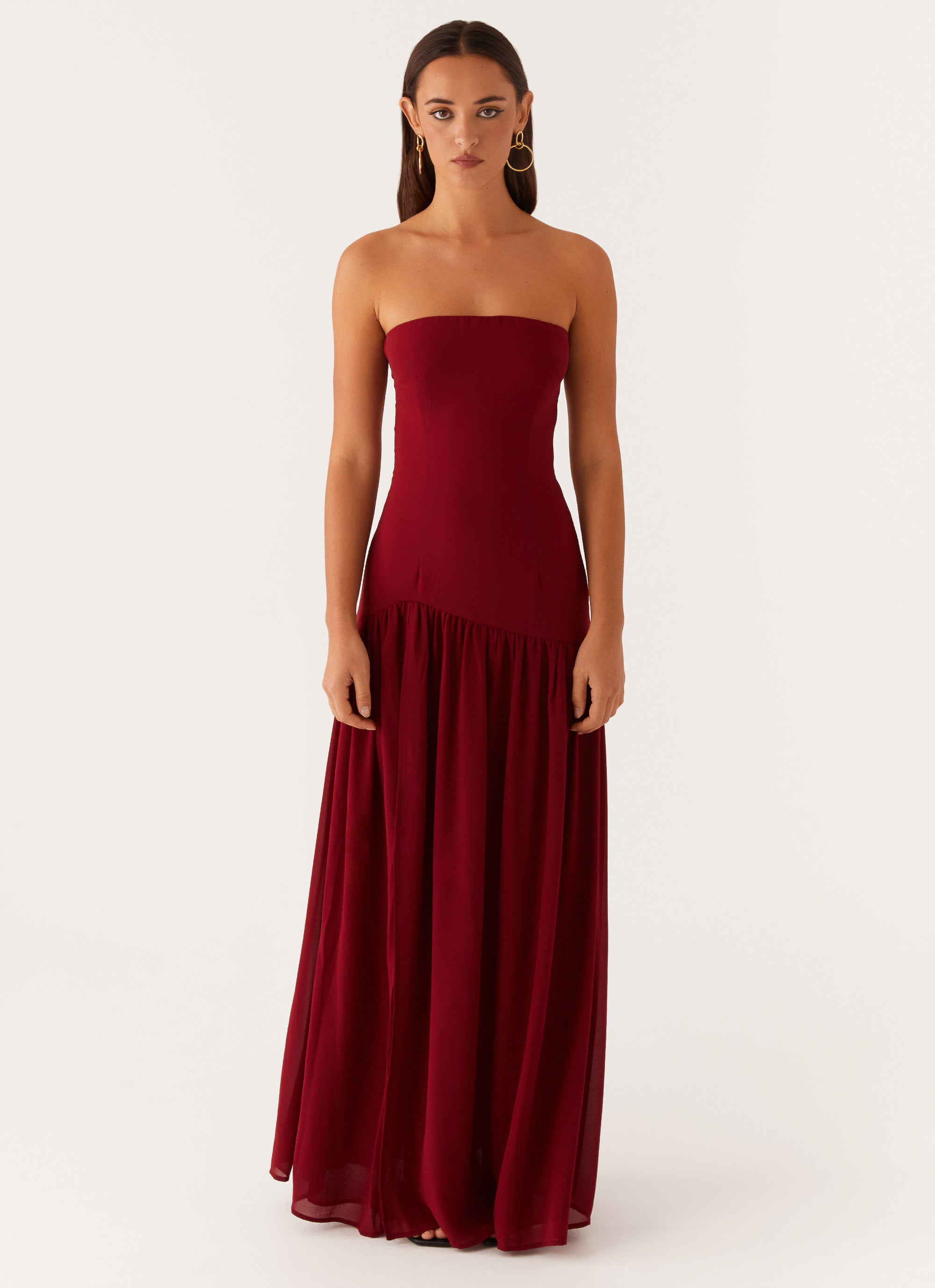 Eden Strapless Maxi Dress in Maroon - Elegant Long Formal Gown for Weddings, Parties & Evening Events
