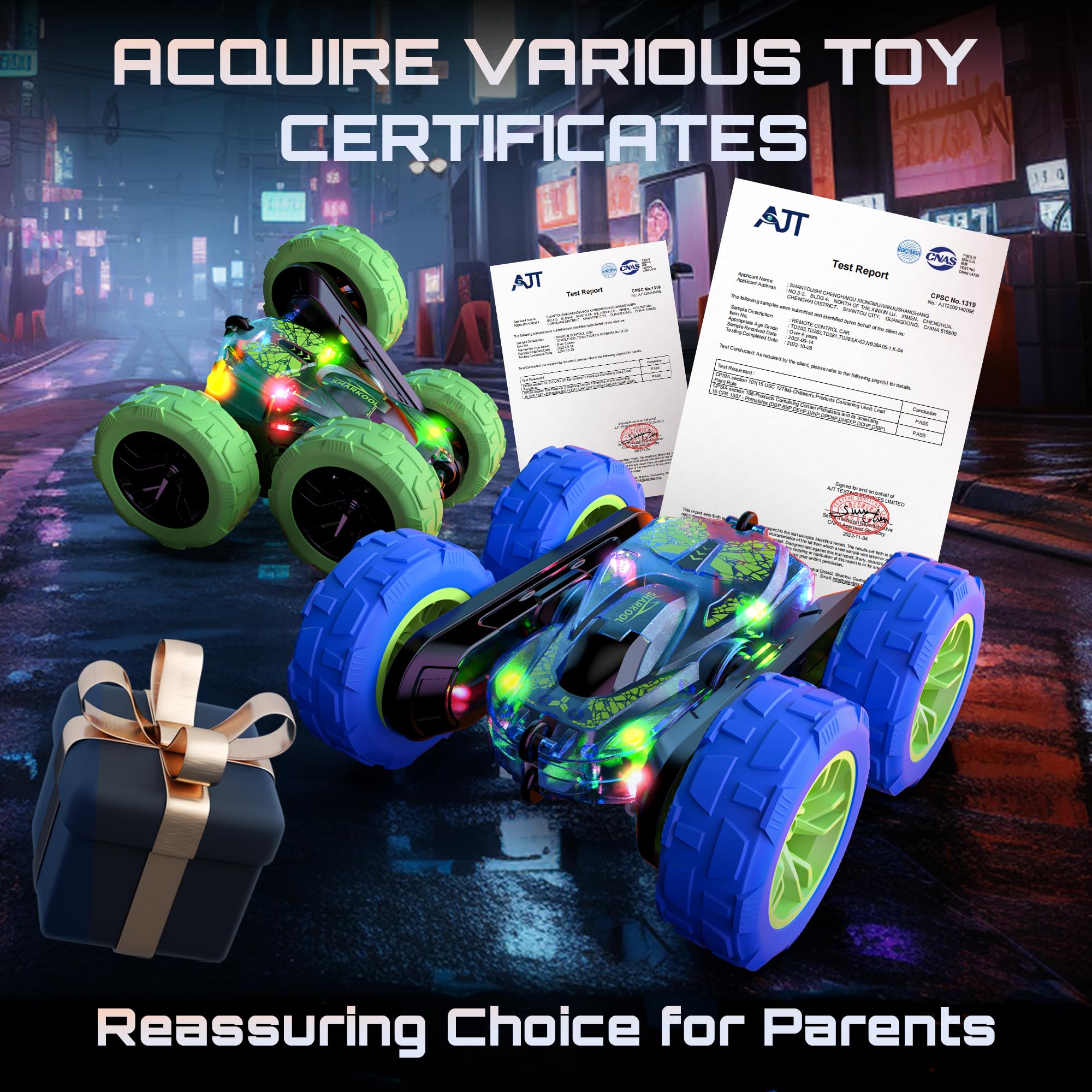 2.4Ghz Remote Control Car for Kids - LED RC Stunt Car with Flashing Lights, Off-Road Toy Gift for Boys Ages 3-8, Perfect for Indoor & Outdoor Play, Birthday & Christmas Presents
