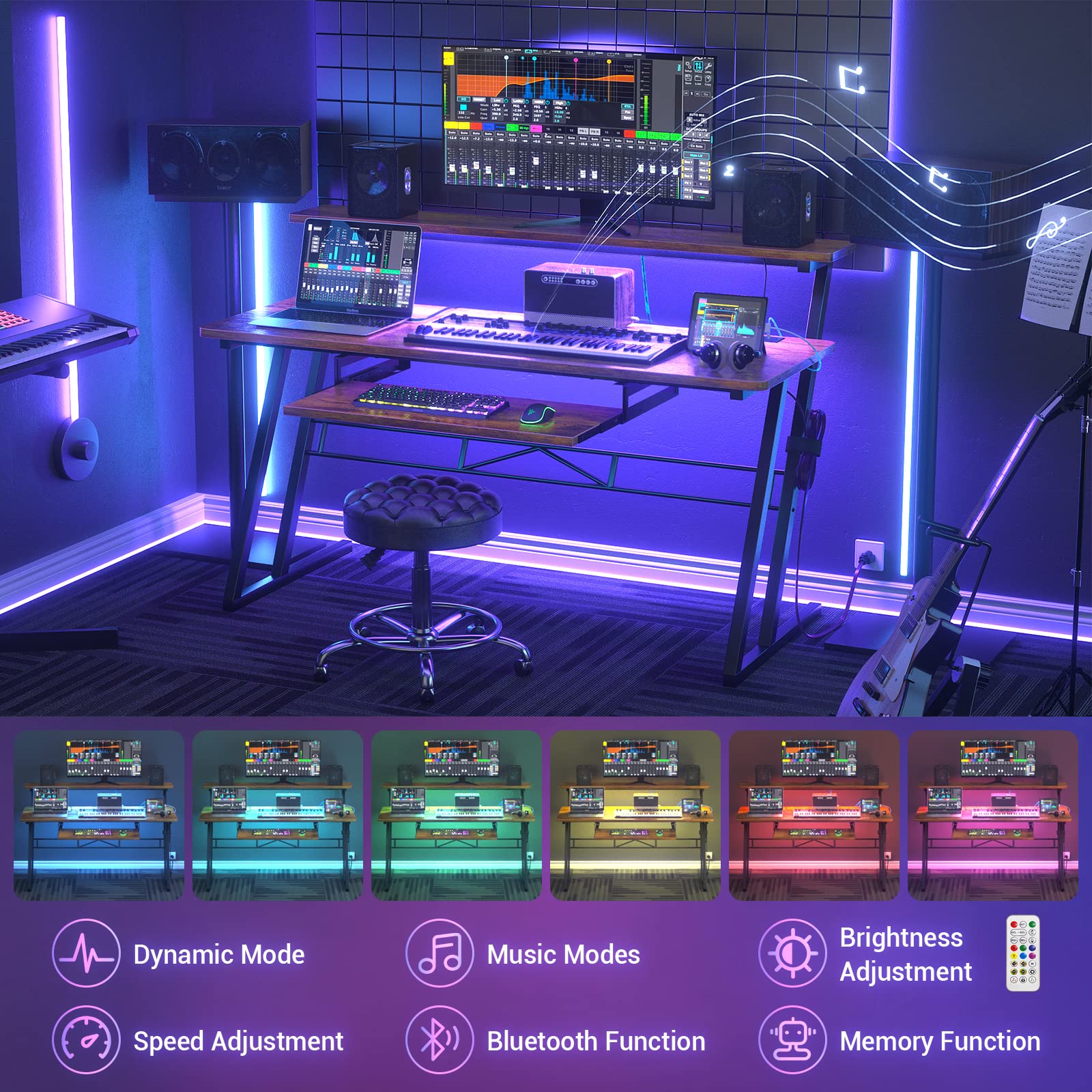 Armocity Music Studio Desk with Power Outlets & RGB LED Lights - Professional Recording Desk for Music Producers - Adjustable Rustic Brown Workstation for Home & Professional Studios | Perfect for Music Production, Podcasting & Audio Editing