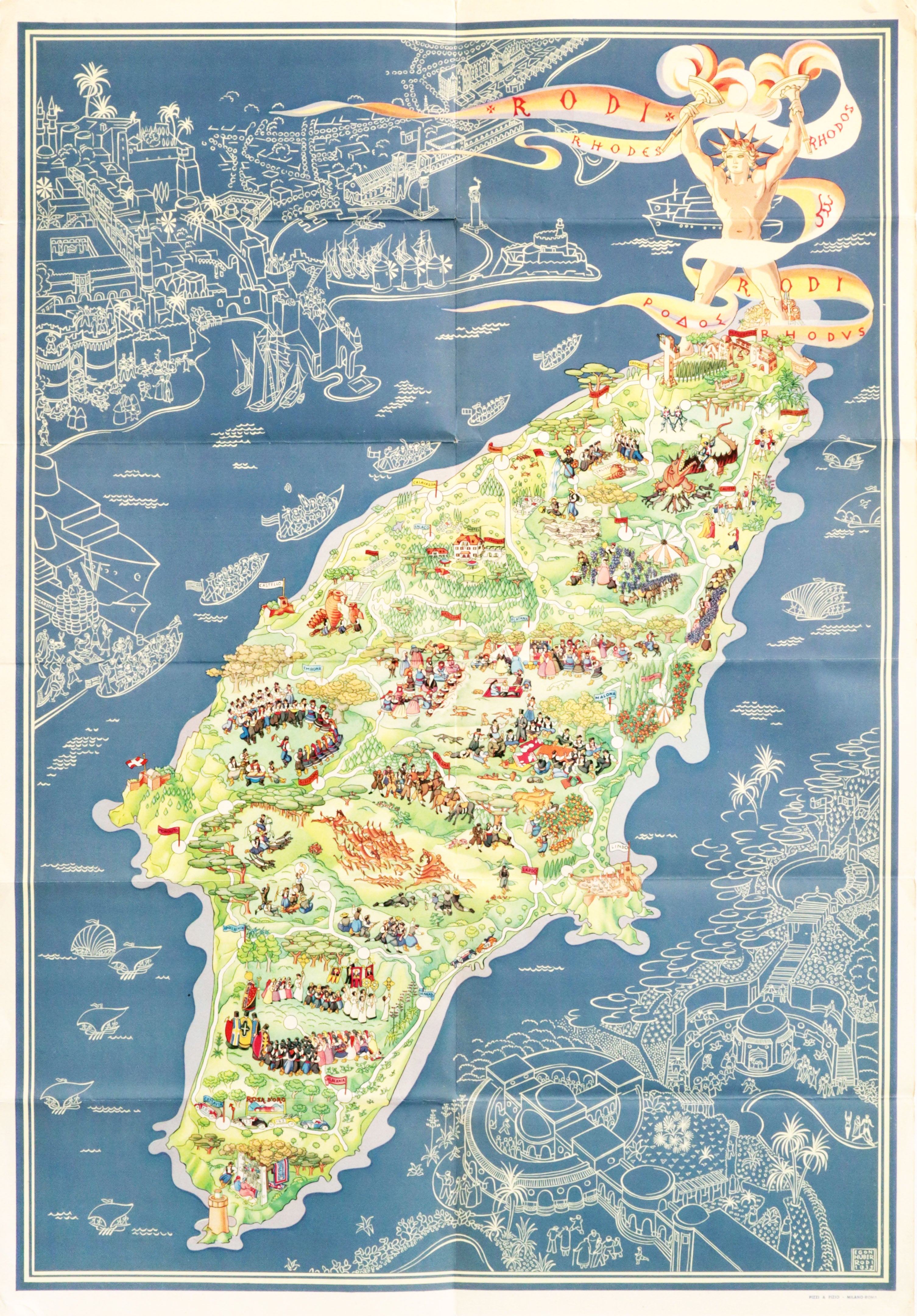 Vintage 1935 Italian Tourism Pamphlet with Map of Rhodes - Double-Sided Printed Travel Brochure for Collectors & History Enthusiasts | Perfect for Home Decor, Travel Memorabilia & Historical Displays