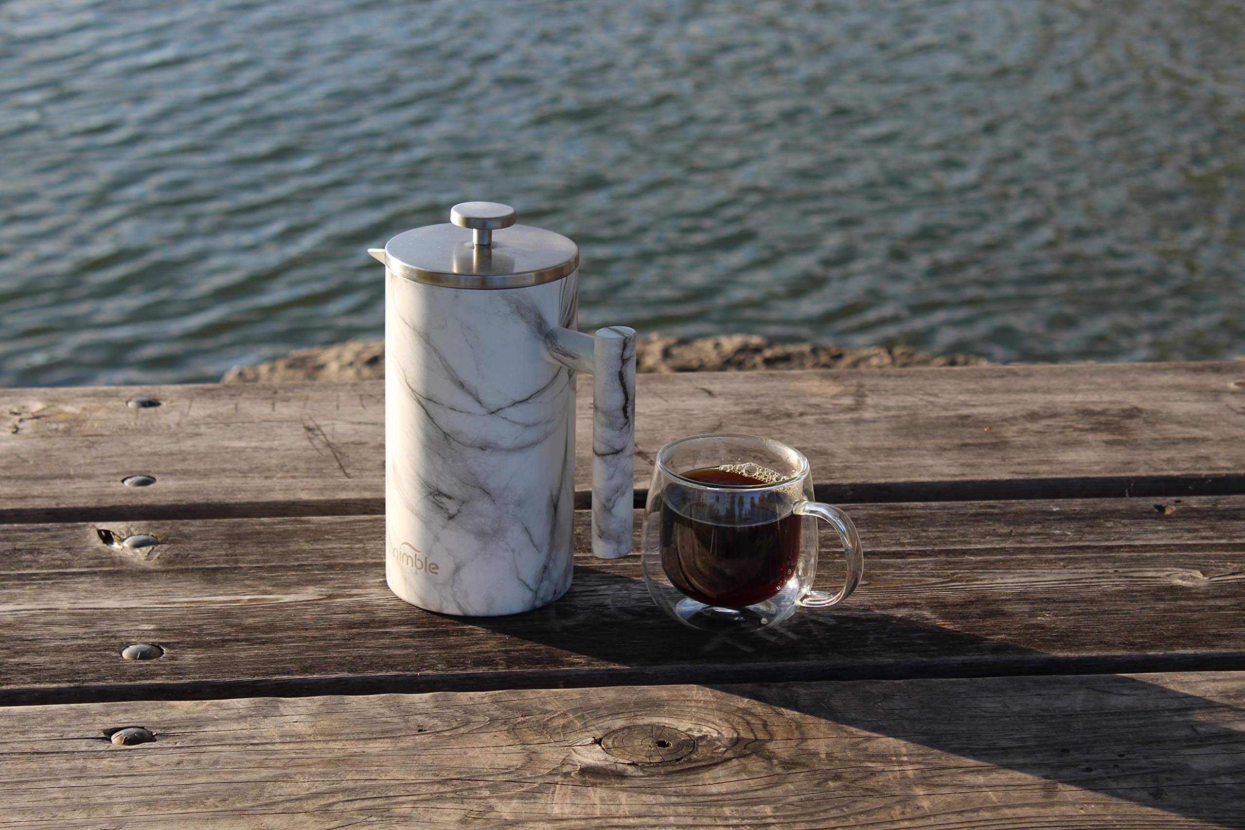 Premium Stainless Steel French Press Coffee Maker - 34 oz Double-Wall Insulated, Marble Finish for Hot & Cold Brew - Perfect for Home, Office, Camping & Gifts