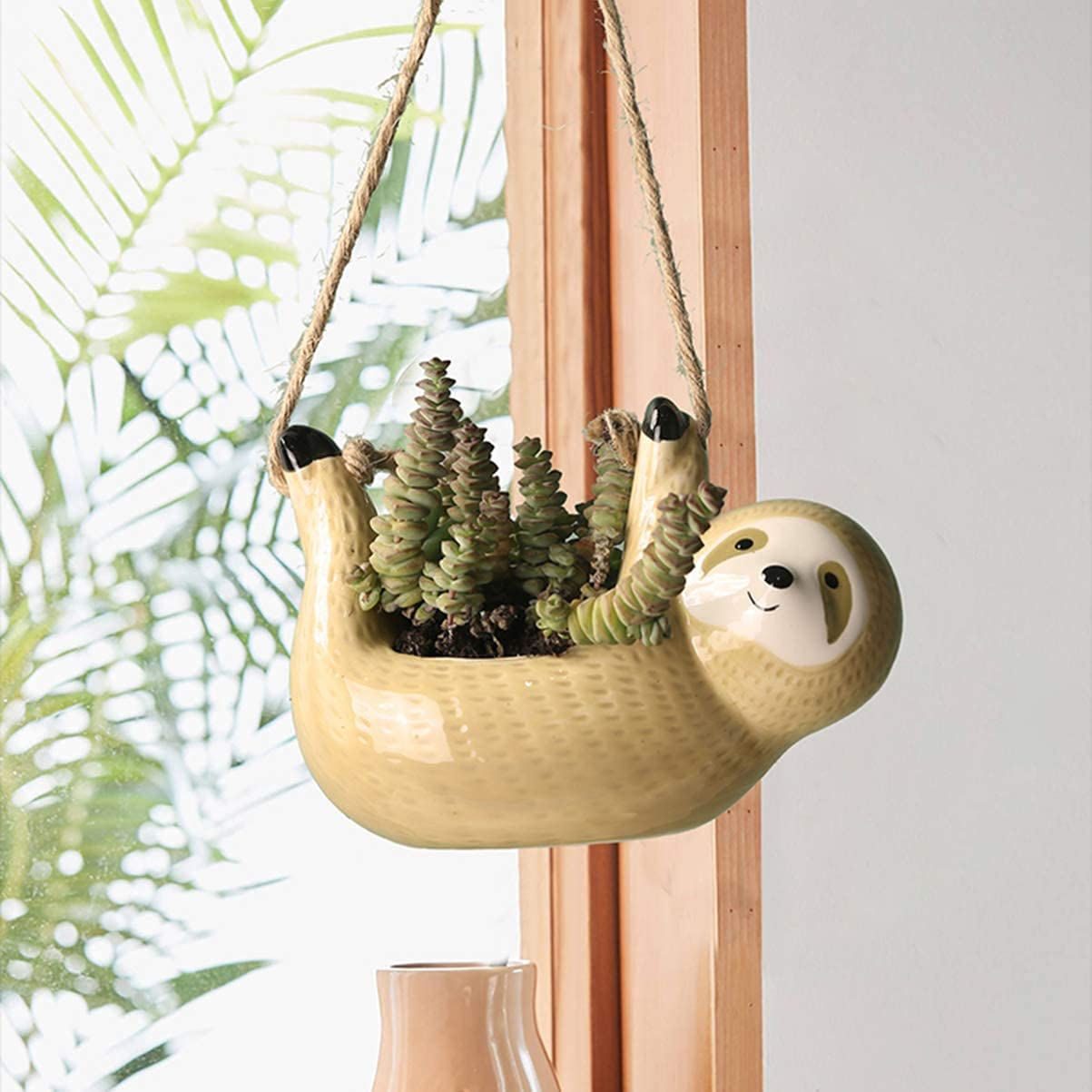 Ceramic Sloth Hanging Planter - Gray Succulent Flower Pot for Indoor Plants, Home & Office Decor - Perfect for Living Room, Bedroom, Balcony, and Gift Ideas