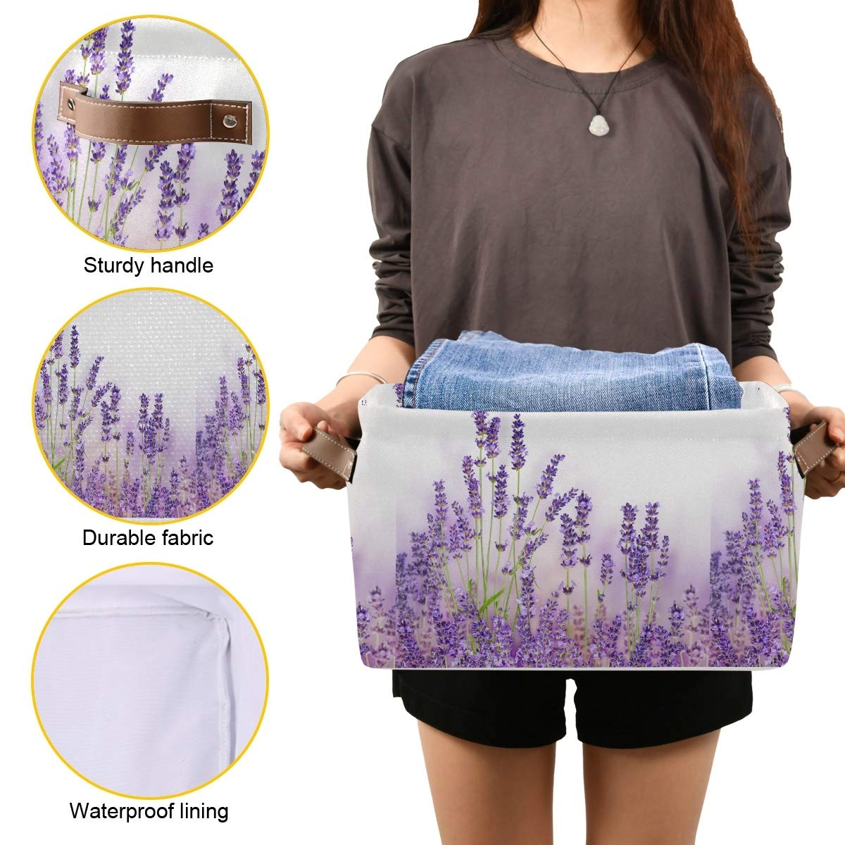 Lavender Storage Baskets 2-Pack - Large Collapsible Canvas Cube Organizer Bin for Home, Office, Closet (15