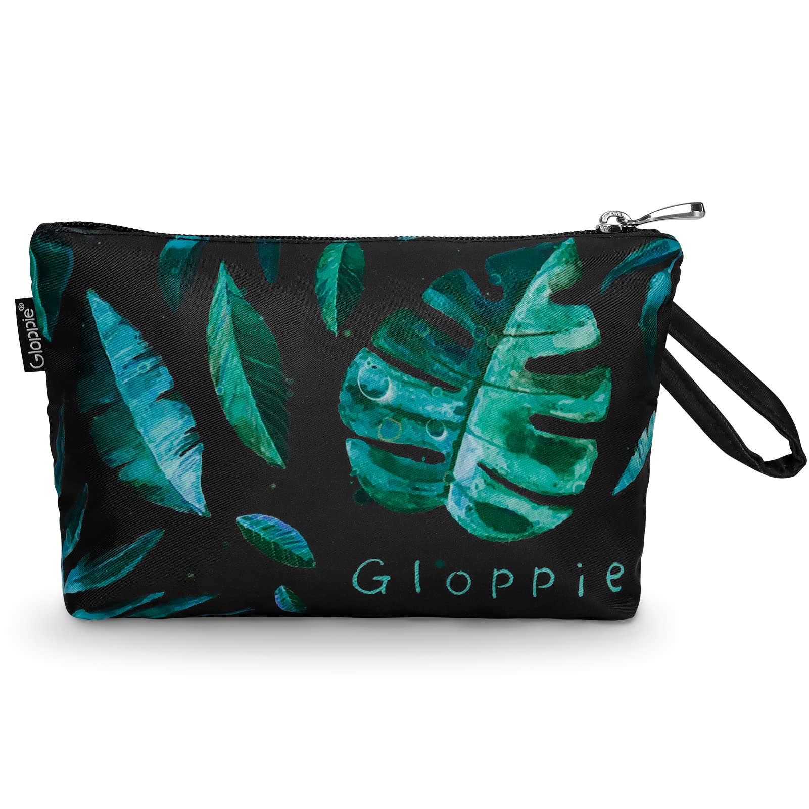 Gloppie Small Makeup Bag for Women - Waterproof Zipper Cosmetic Pouch for Purse Essentials, Sunscreen & Travel Toiletries - Green Leaves Design - Perfect for Daily Use, Travel & Gift Giving